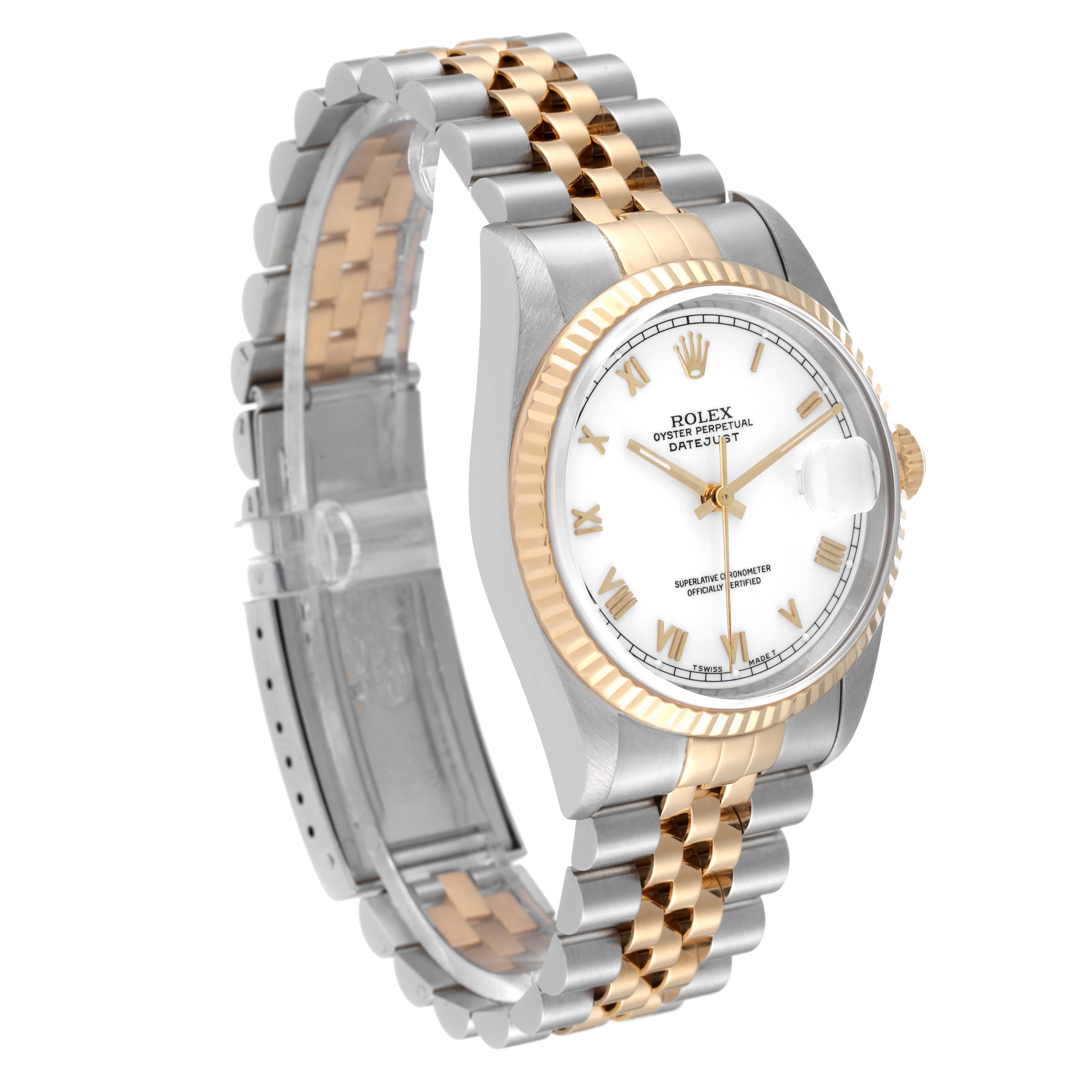 This Rolex Datejust 16233 Men's Steel and Gold (two tone) White Dial 16233 Men's Steel and Gold (two tone) White Dial watch is shown at a slight angle, showcasing the bracelet, bezel, dial, and part of the clasp.