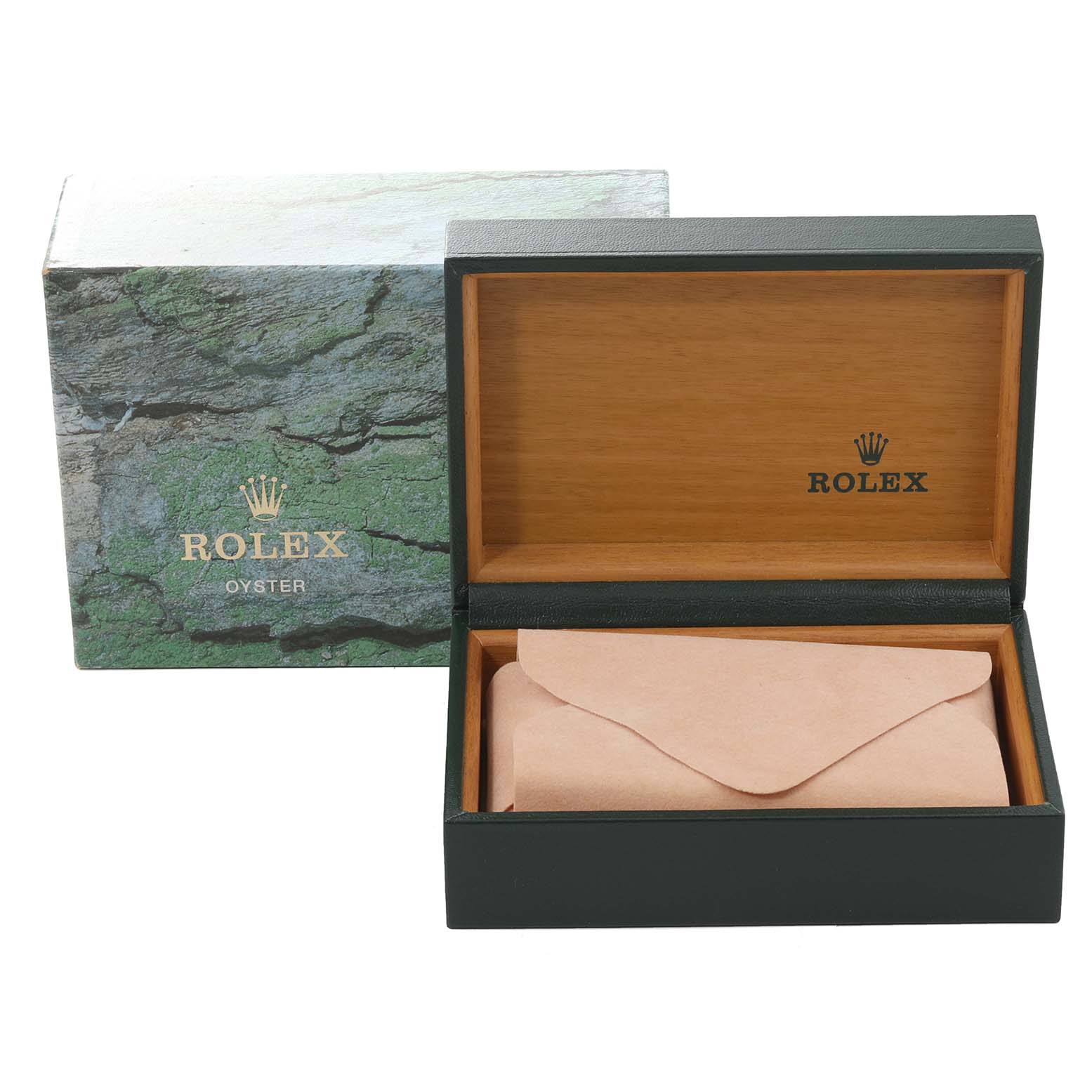 The image shows the open packaging of a Rolex Datejust 16233 Men's Steel and Gold (two tone) White Dial 16233 Men's Steel and Gold (two tone) White Dial watch, including the outer box, inner case, and a pouch.