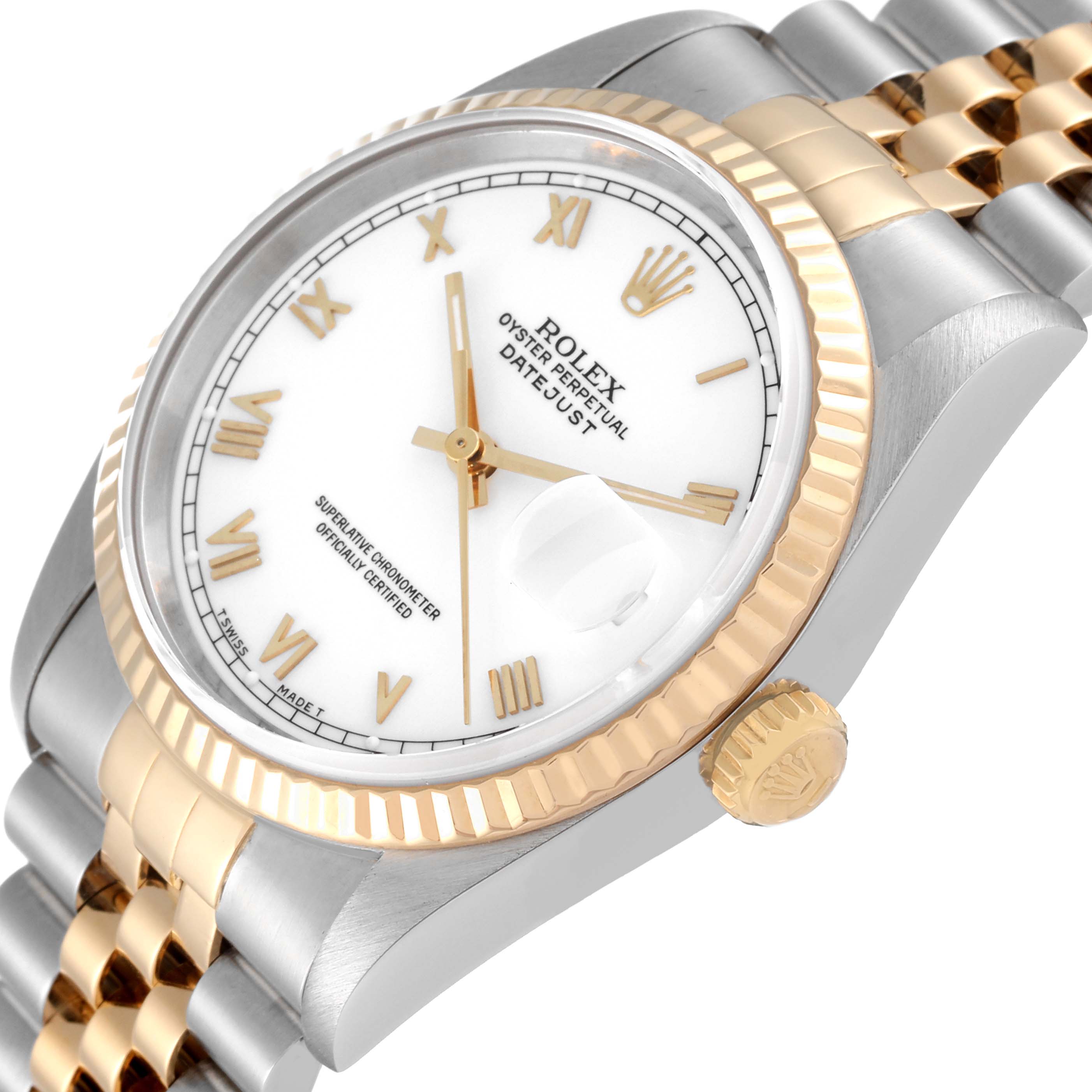 The image shows a close-up angled view of the Rolex Datejust 16233 Men's Steel and Gold (two tone) White Dial 16233 Men's Steel and Gold (two tone) White Dial watch's face, bezel, crown, and part of the bracelet.