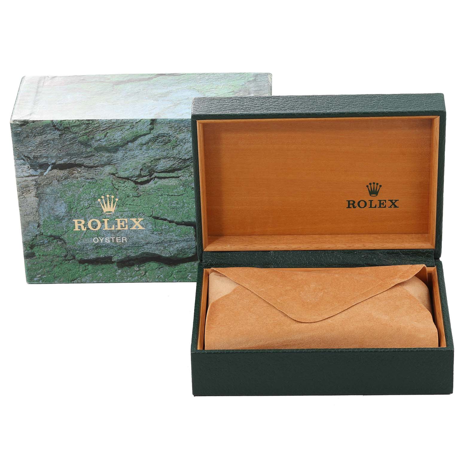 The image shows the packaging for a Rolex Datejust 16233 Men's Steel and Gold (two tone) Champagne Dial 16233 Men's Steel and Gold (two tone) Champagne Dial watch, including an outer box, inner box, and a protective cover.