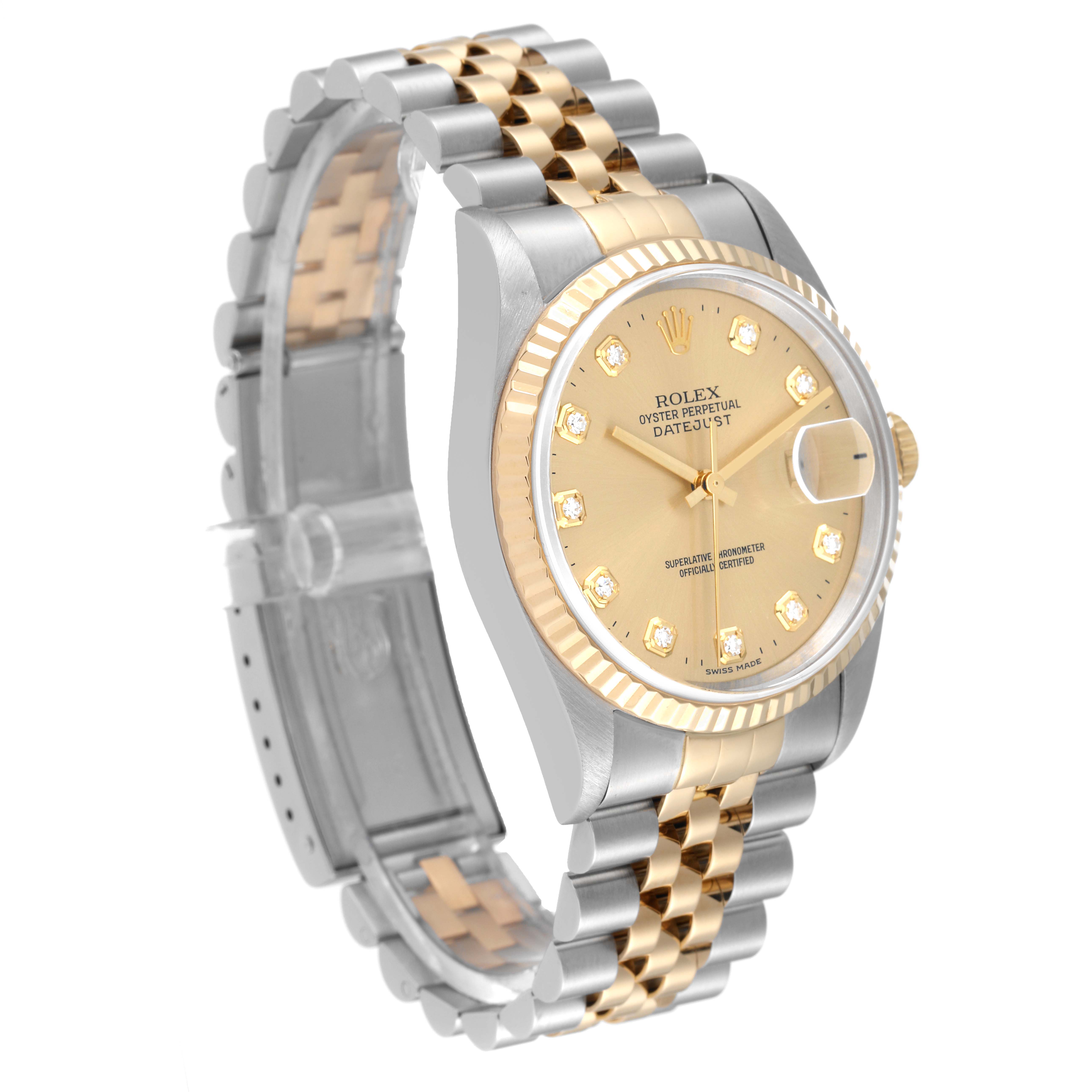 The Rolex Datejust 16233 Men's Steel and Gold (two tone) Champagne Dial 16233 Men's Steel and Gold (two tone) Champagne Dial watch is shown at a three-quarter angle, featuring the face, case, and Jubilee bracelet in two-tone metal.