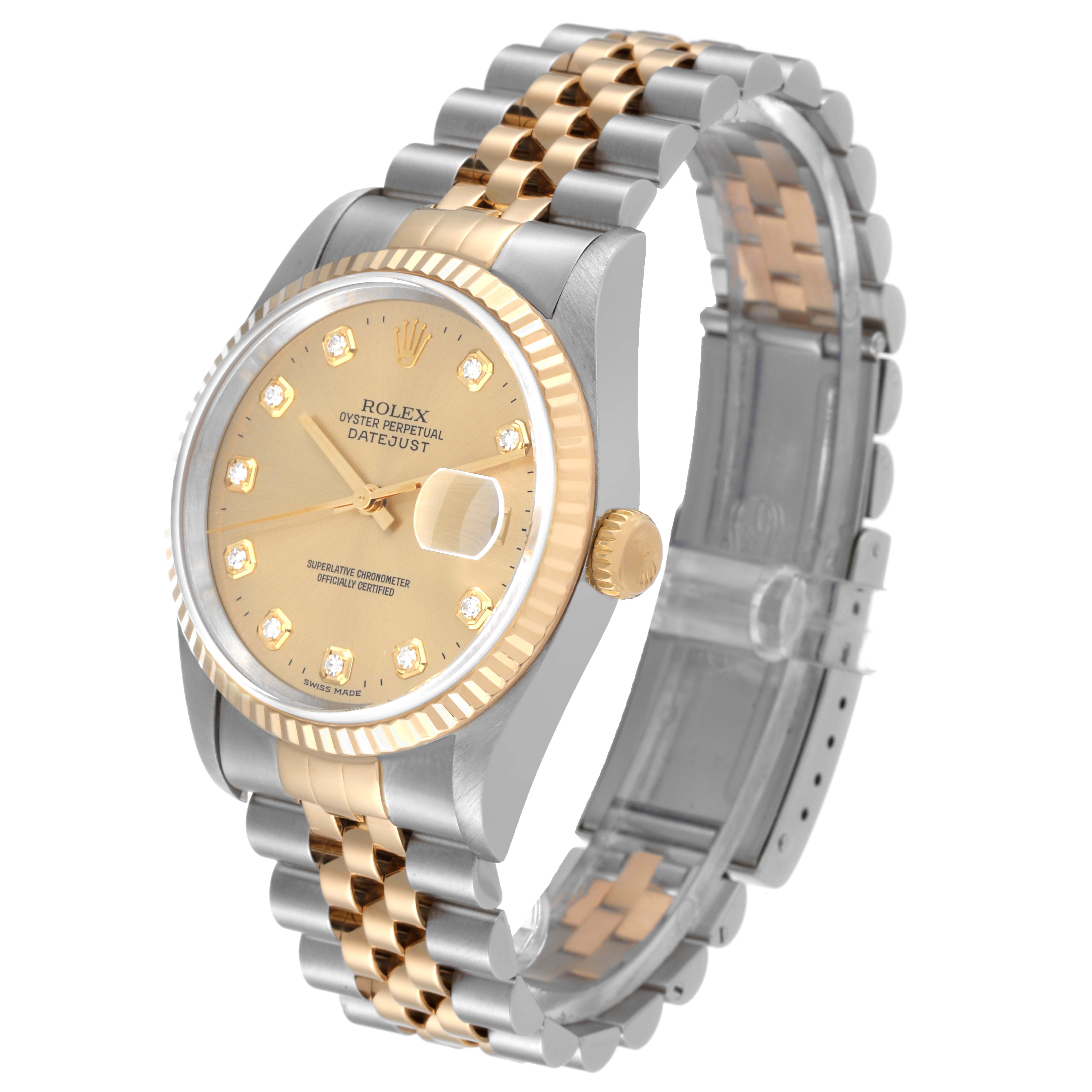 The image shows a Rolex Datejust 16233 Men's Steel and Gold (two tone) Champagne Dial 16233 Men's Steel and Gold (two tone) Champagne Dial watch at a slight angle, displaying the face, bezel, crown, and two-tone bracelet.