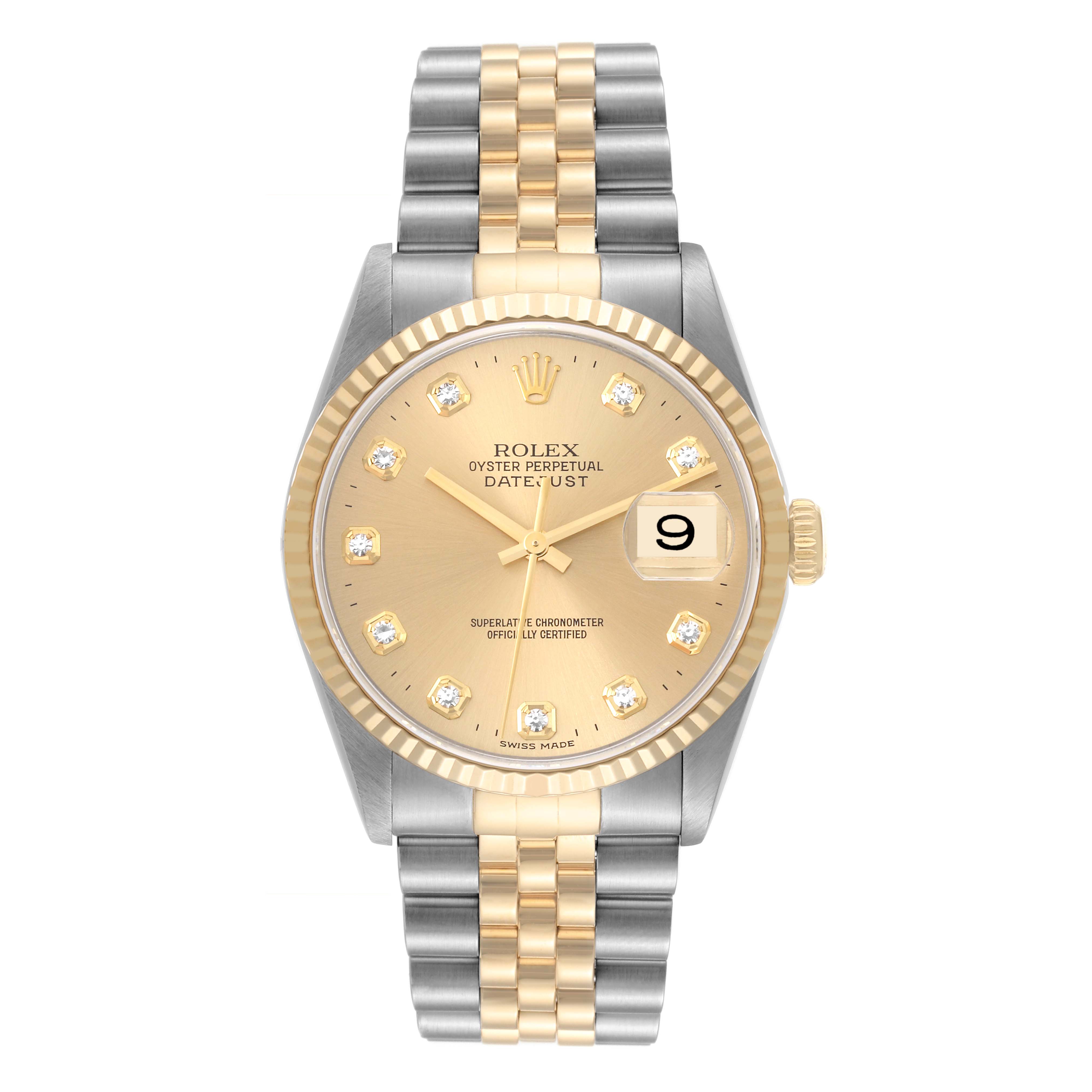 The image shows a front view of a Rolex Datejust 16233 Men's Steel and Gold (two tone) Champagne Dial 16233 Men's Steel and Gold (two tone) Champagne Dial watch with a gold and silver two-tone bracelet and a gold dial.