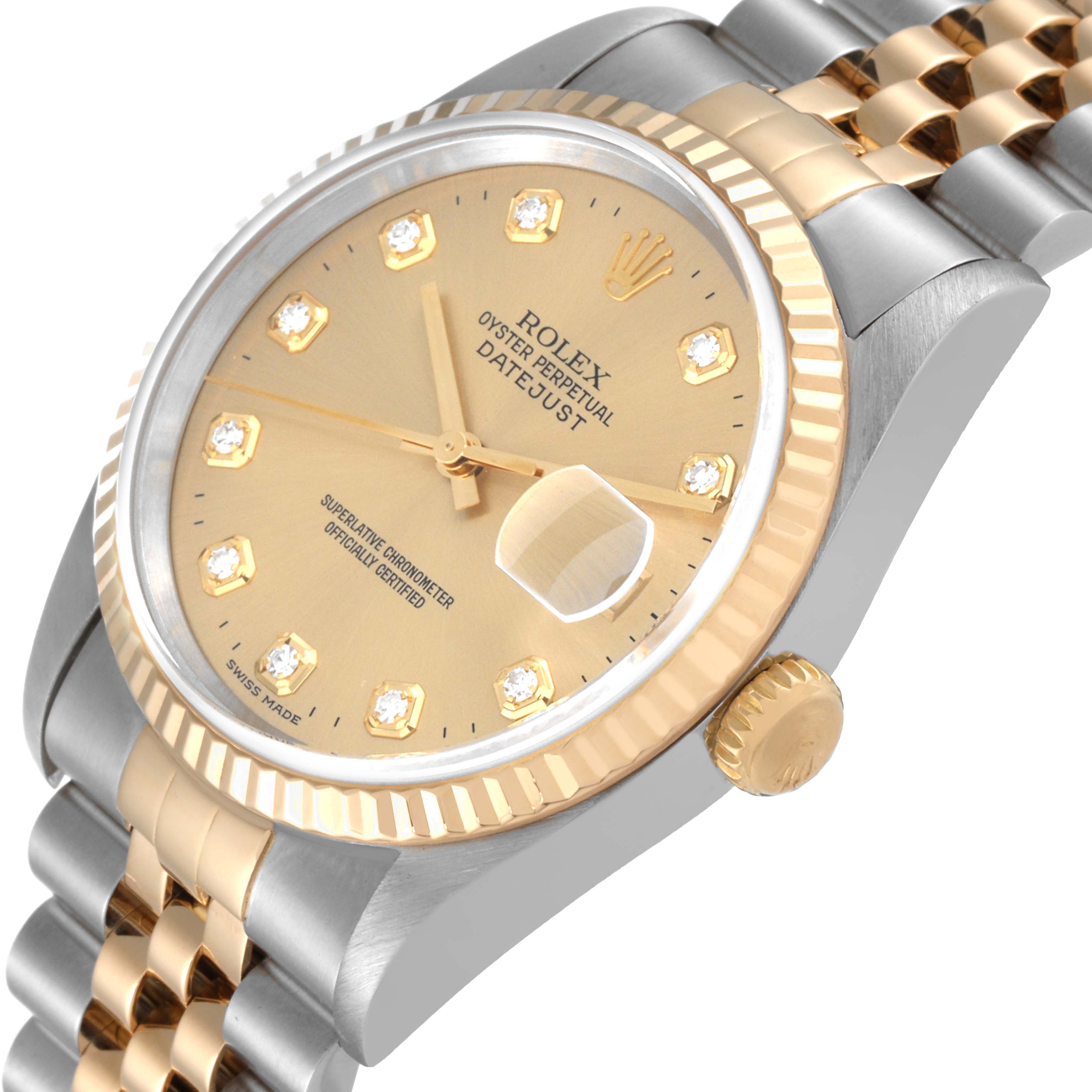 The image shows an angled view of the Rolex Datejust 16233 Men's Steel and Gold (two tone) Champagne Dial 16233 Men's Steel and Gold (two tone) Champagne Dial watch, displaying the face, crown, bezel, and part of the band.