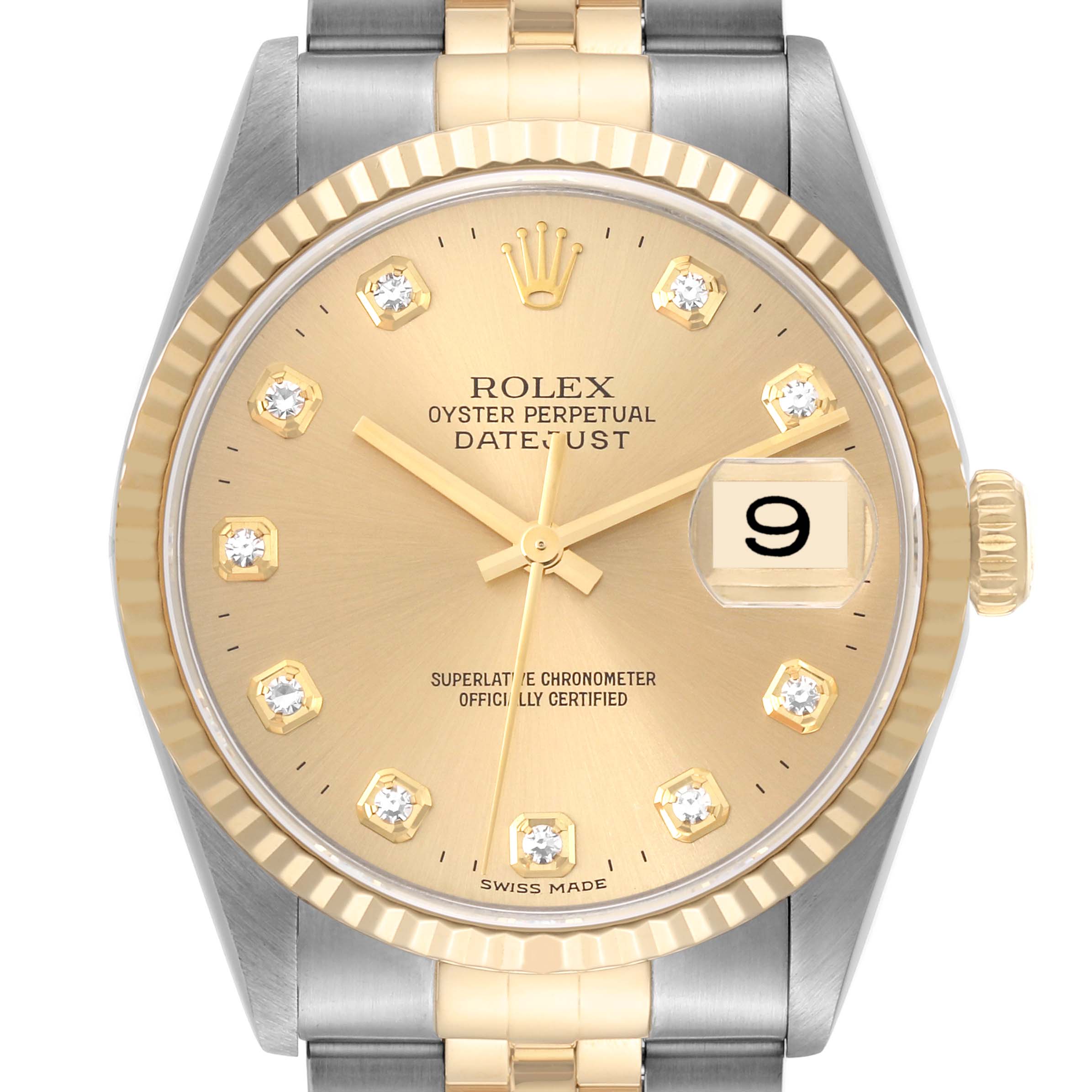 The image shows a front view of a Rolex Datejust 16233 Men's Steel and Gold (two tone) Champagne Dial 16233 Men's Steel and Gold (two tone) Champagne Dial watch, displaying its gold dial, diamond hour markers, date window, and two-tone bracelet.