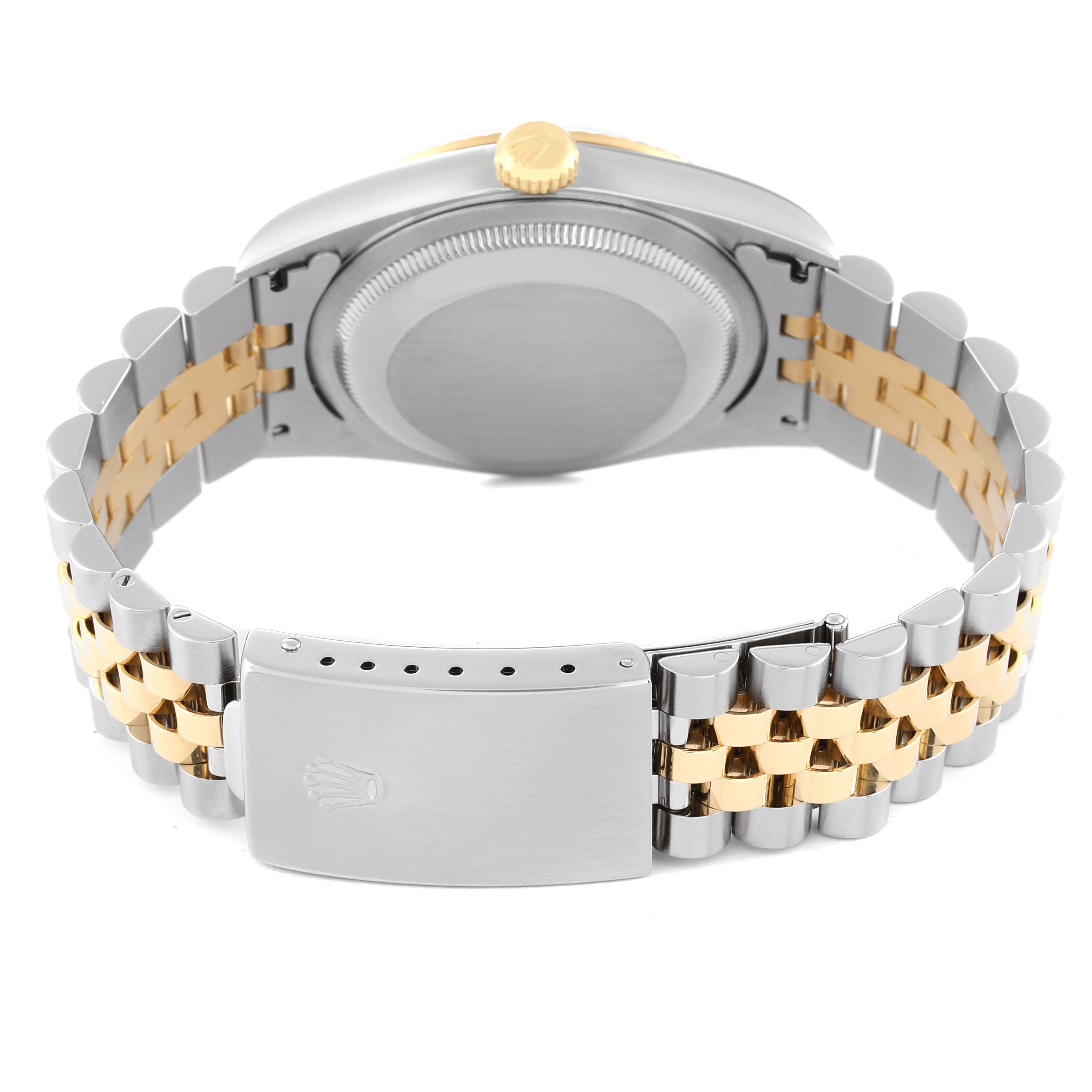 The image shows the back view of a Rolex Datejust 16233 Men's Steel and Gold (two tone) Champagne Dial 16233 Men's Steel and Gold (two tone) Champagne Dial watch, highlighting its case, bracelet, and clasp.