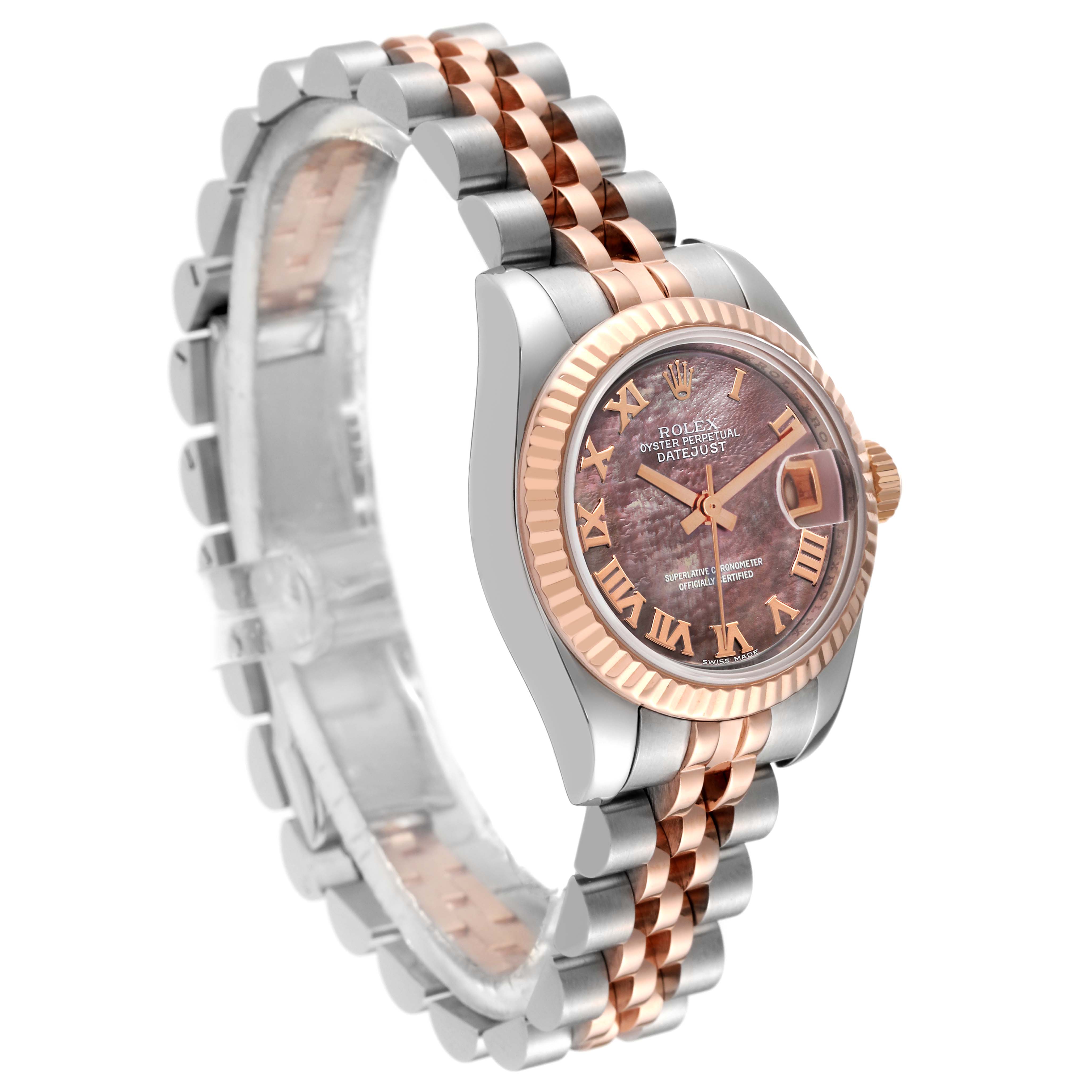 The Rolex Datejust 179171 Women's Steel and Gold (two tone) Mother of Pearl Dial 179171 Women's Steel and Gold (two tone) Mother of Pearl Dial watch is shown at an angle showcasing the dial, bezel, crown, and two-tone bracelet.
