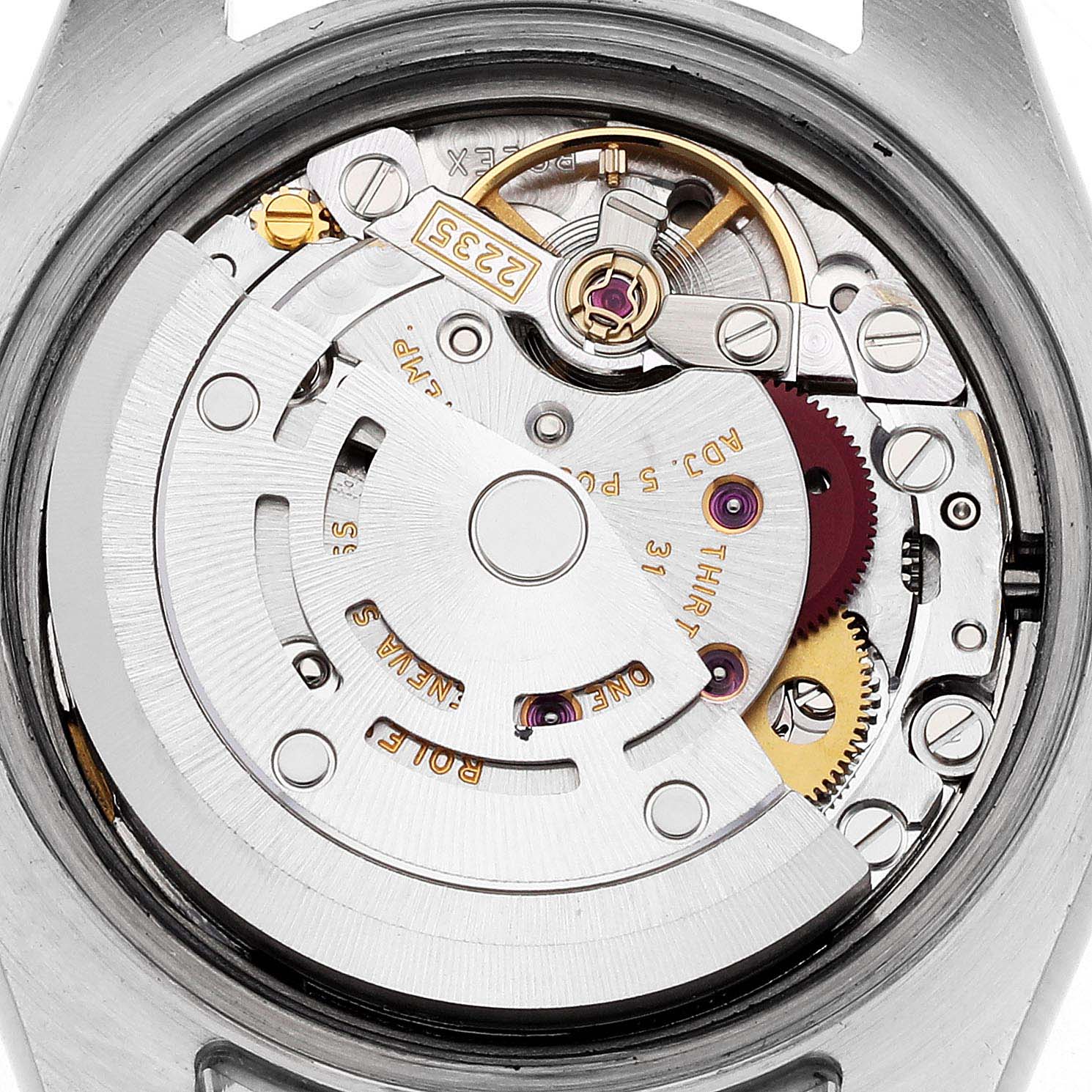 The image shows the internal movement mechanism of a Rolex Datejust 179171 Women's Steel and Gold (two tone) Mother of Pearl Dial 179171 Women's Steel and Gold (two tone) Mother of Pearl Dial watch from a close-up, top-down angle.