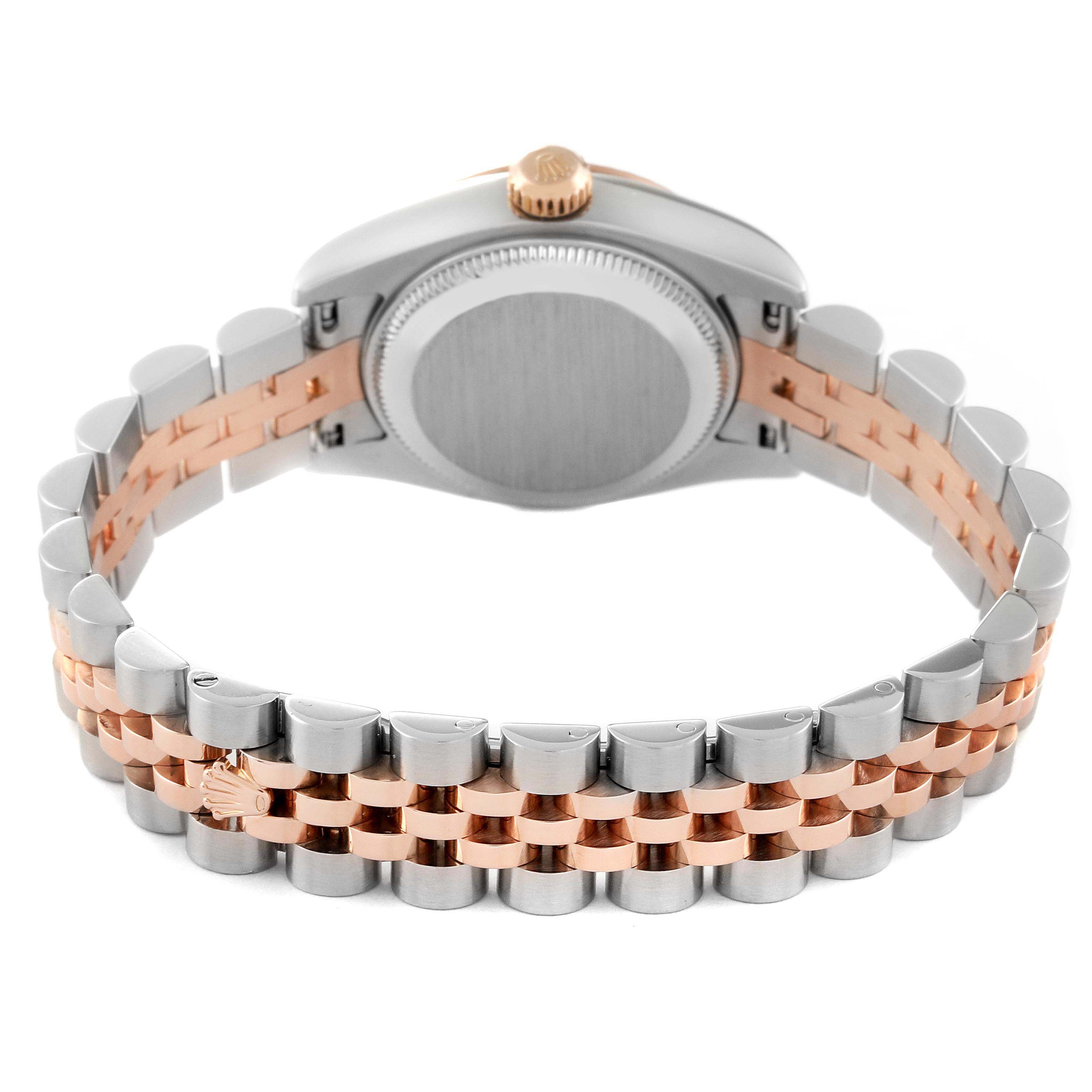 This Rolex Datejust 179171 Women's Steel and Gold (two tone) Mother of Pearl Dial 179171 Women's Steel and Gold (two tone) Mother of Pearl Dial watch is shown from the back, highlighting the case back and the two-tone bracelet.