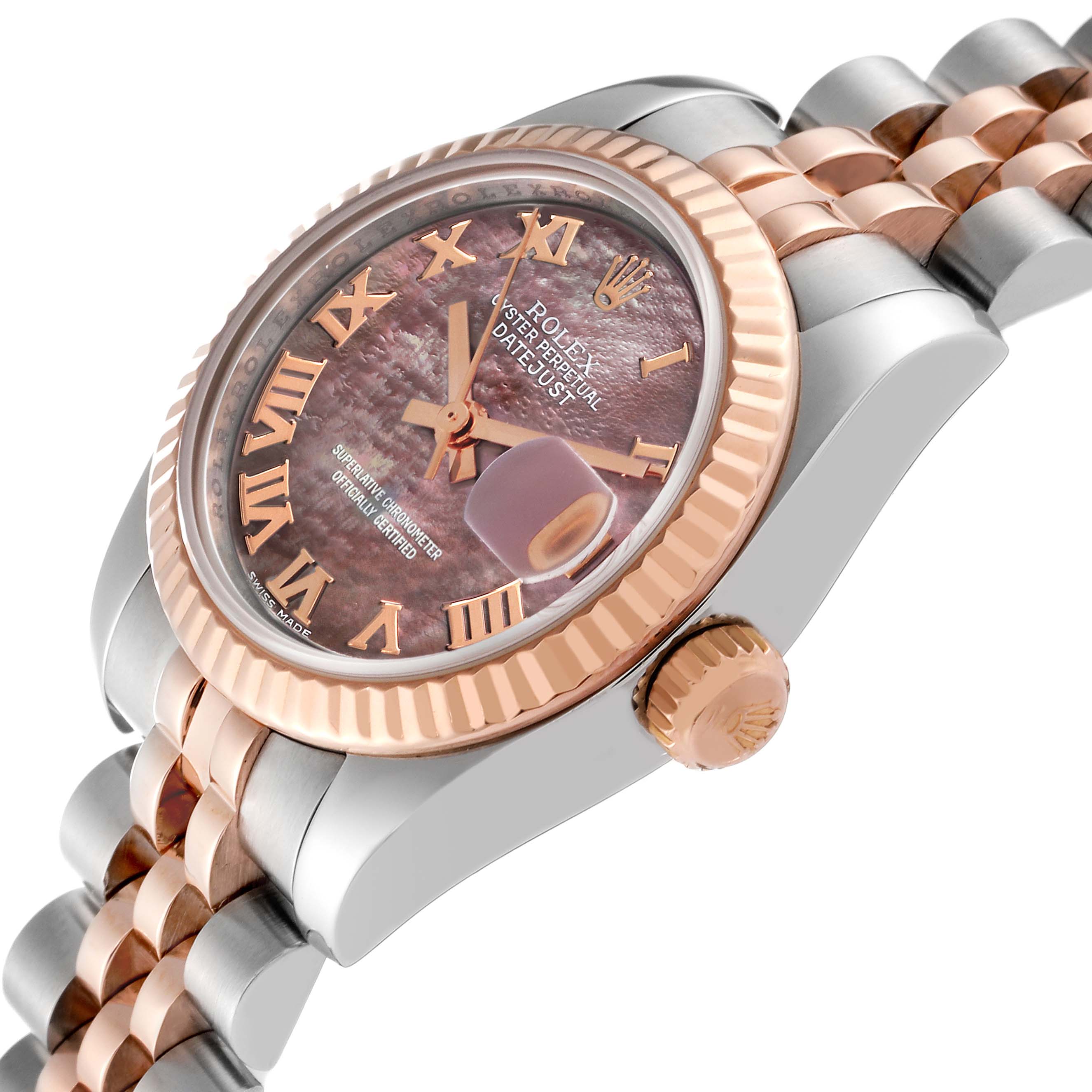 The image shows a close-up side view of a Rolex Datejust 179171 Women's Steel and Gold (two tone) Mother of Pearl Dial 179171 Women's Steel and Gold (two tone) Mother of Pearl Dial, focusing on the dial, bezel, and part of the bracelet.
