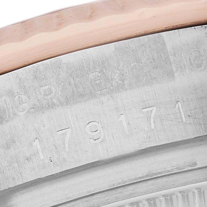 This image shows a close-up of the case and model number engraving for the Rolex Datejust 179171 Women's Steel and Gold (two tone) Mother of Pearl Dial 179171 Women's Steel and Gold (two tone) Mother of Pearl Dial watch.