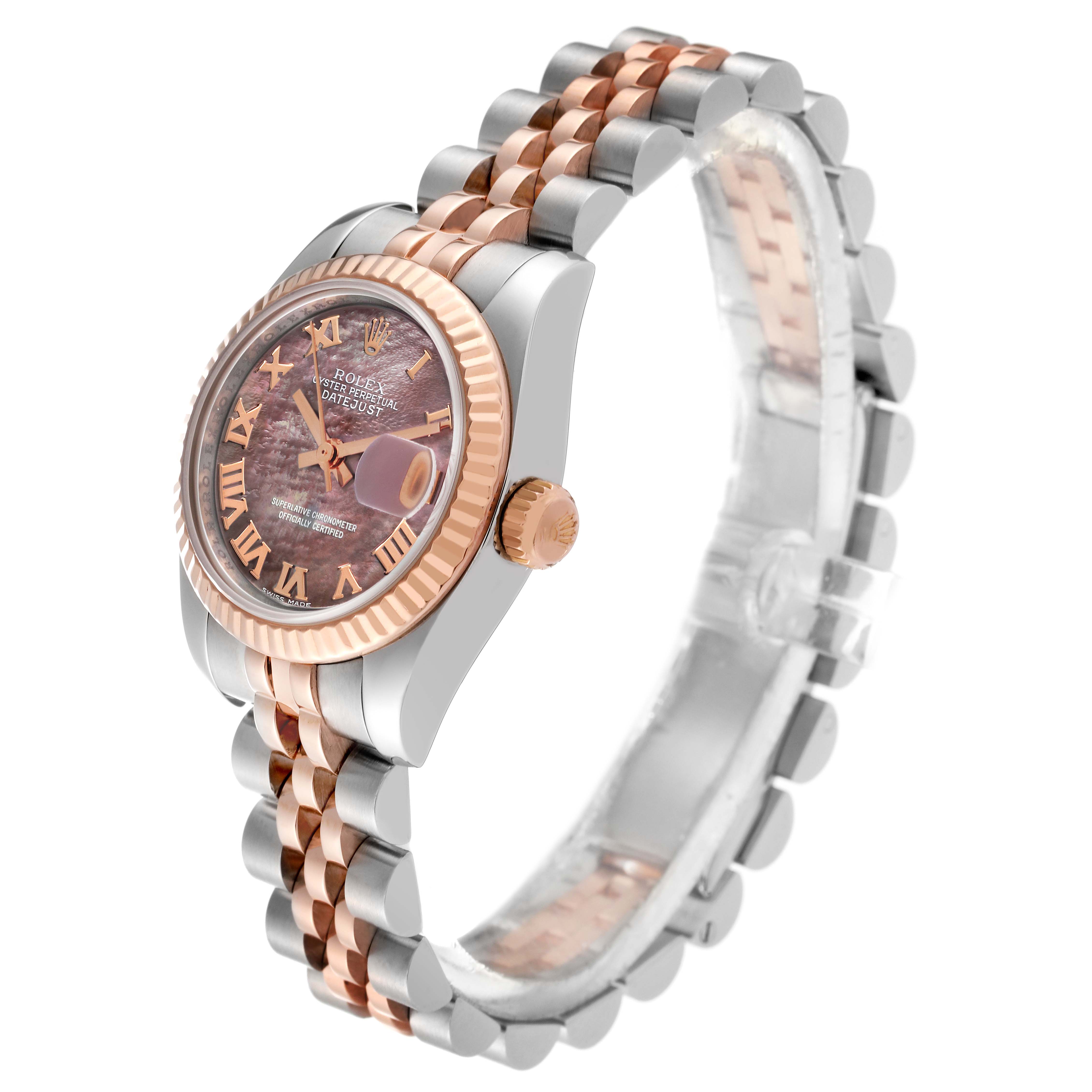 The image shows a side angle of a Rolex Datejust 179171 Women's Steel and Gold (two tone) Mother of Pearl Dial 179171 Women's Steel and Gold (two tone) Mother of Pearl Dial watch, highlighting its case, bezel, and bracelet.