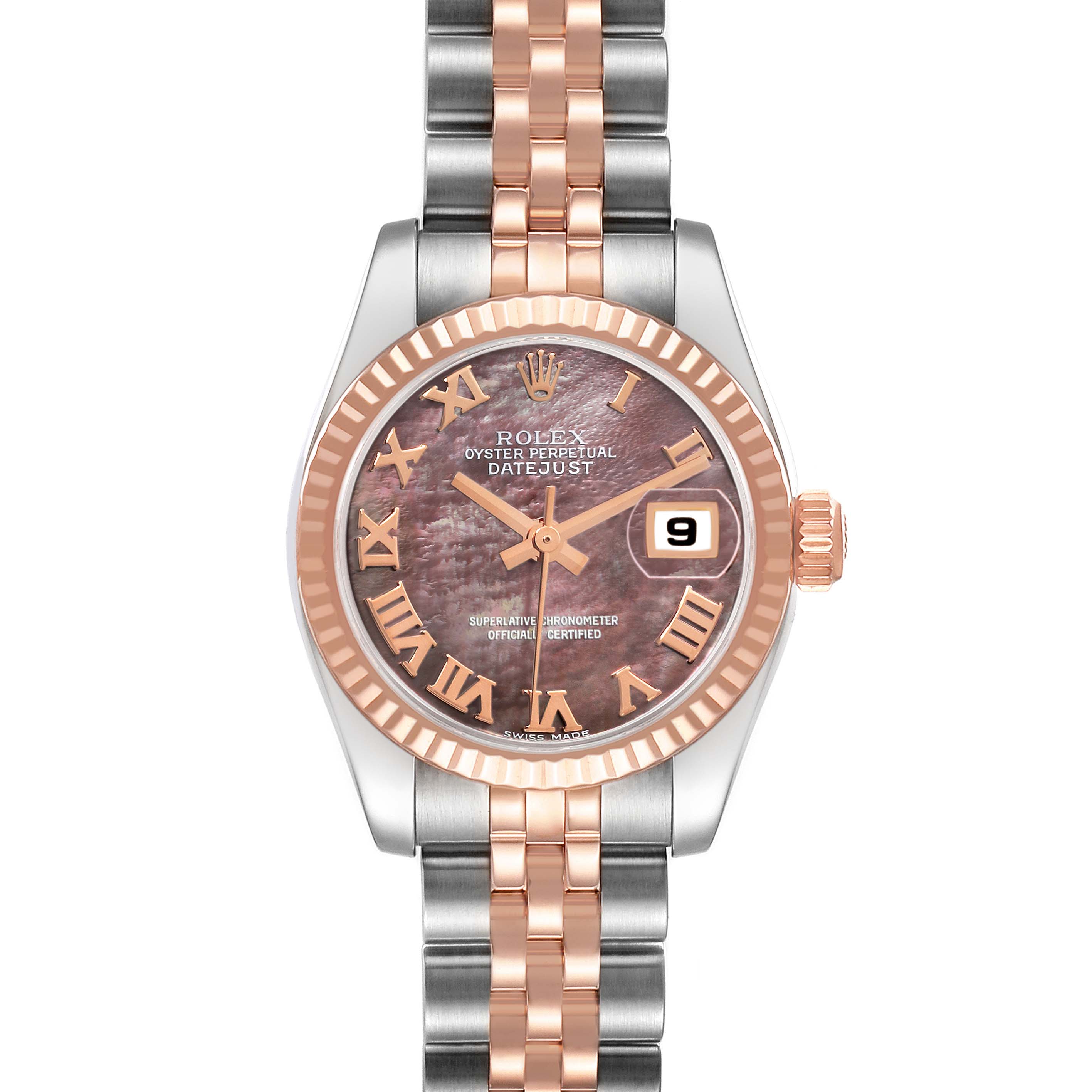 This image shows a Rolex Datejust 179171 Women's Steel and Gold (two tone) Mother of Pearl Dial 179171 Women's Steel and Gold (two tone) Mother of Pearl Dial watch from a straight-on angle, highlighting the dial, hands, date window, bezel, and bracelet.