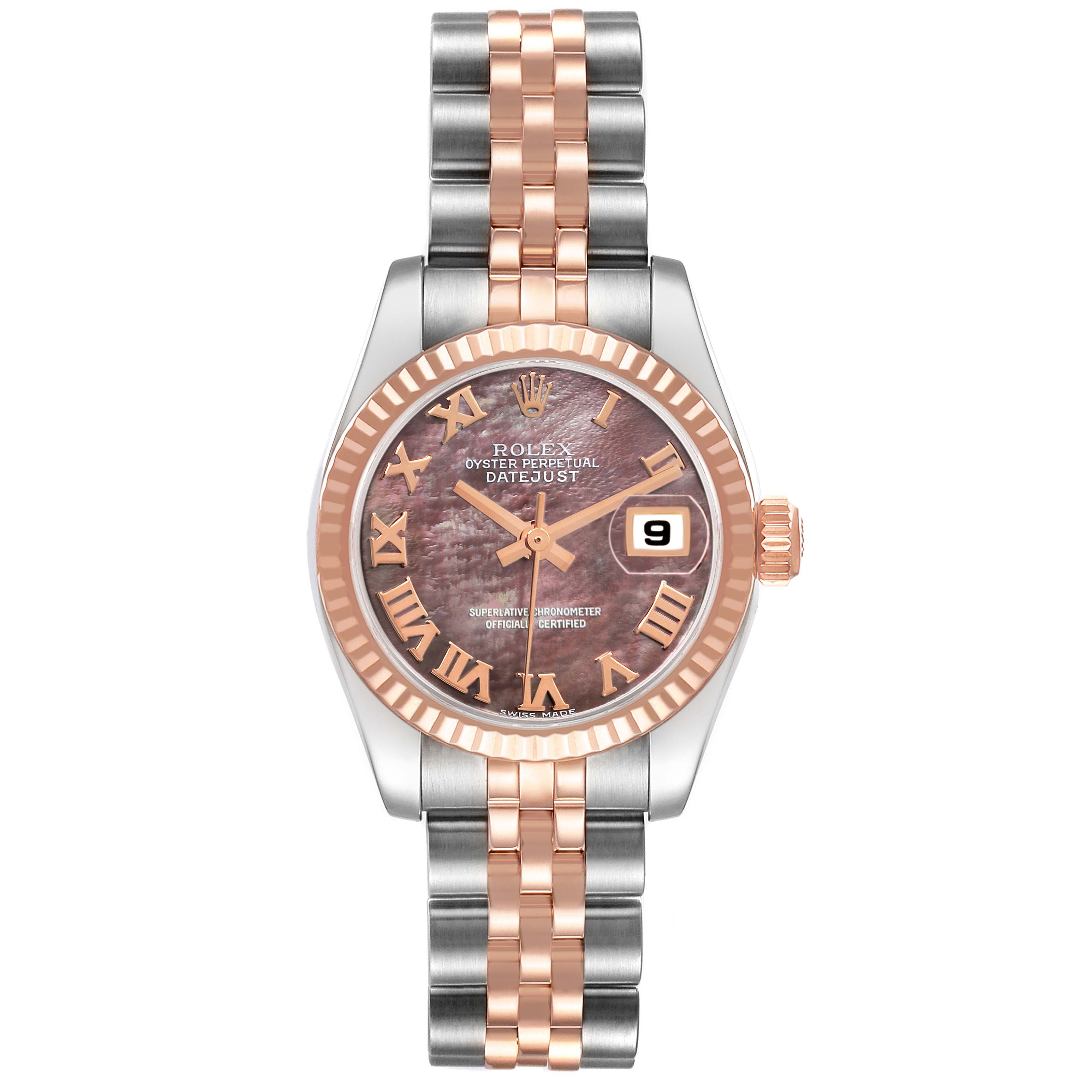 The image shows a front view of a Rolex Datejust 179171 Women's Steel and Gold (two tone) Mother of Pearl Dial 179171 Women's Steel and Gold (two tone) Mother of Pearl Dial watch, highlighting its dial, hands, bezel, and bracelet.