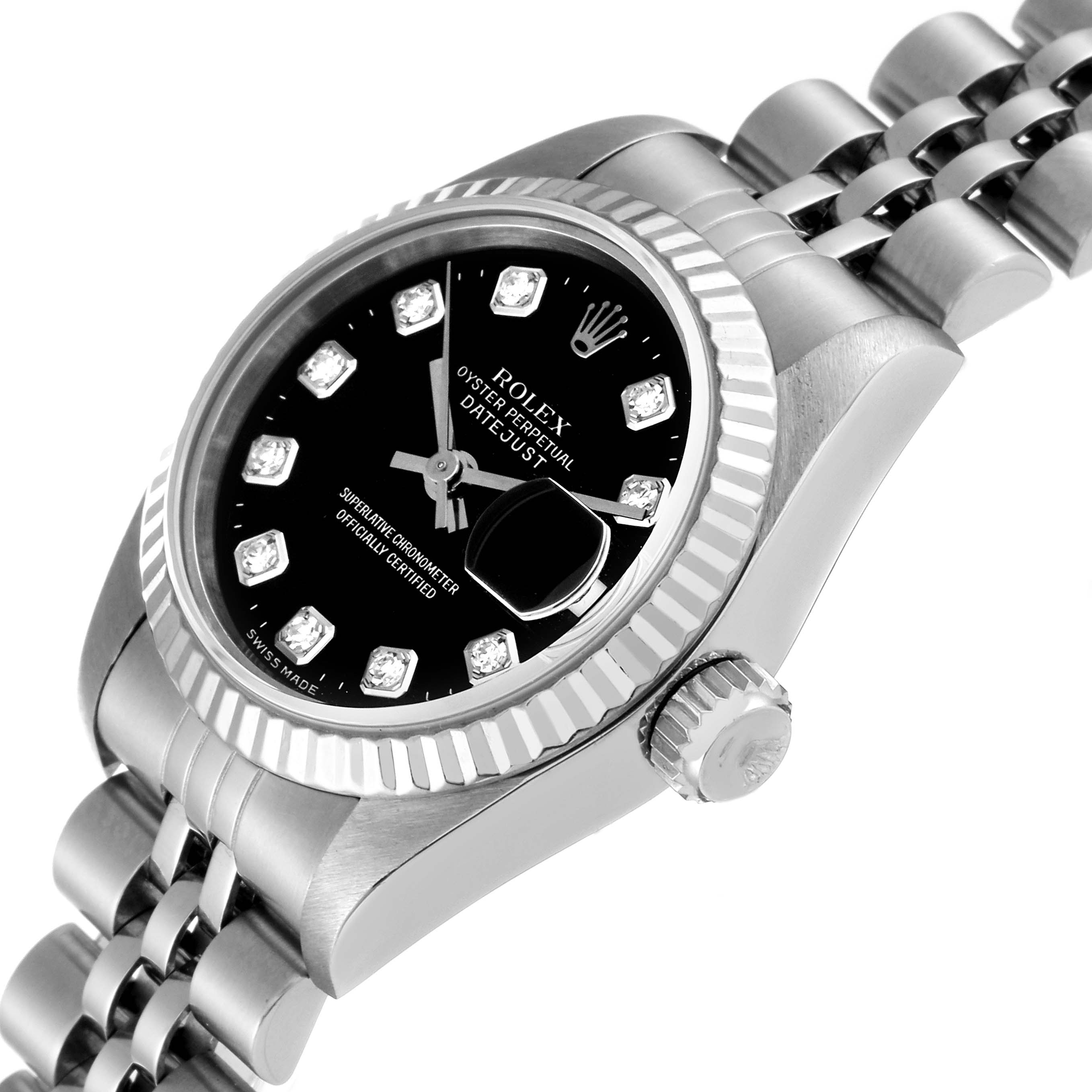 The image shows a close-up angle of a Rolex Datejust 69174 Women's Stainless Steel Black Dial 69174 Women's Stainless Steel Black Dial watch, highlighting its face, bezel, crown, and part of the bracelet.