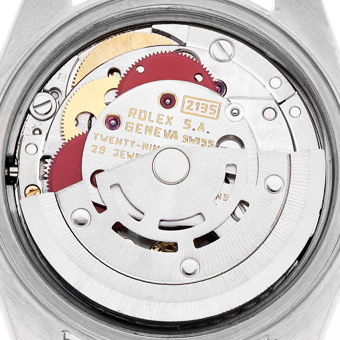 This is a close-up of the Rolex Datejust 69174 Women's Stainless Steel Black Dial 69174 Women's Stainless Steel Black Dial movement, showcasing its intricate gears and components from the back.