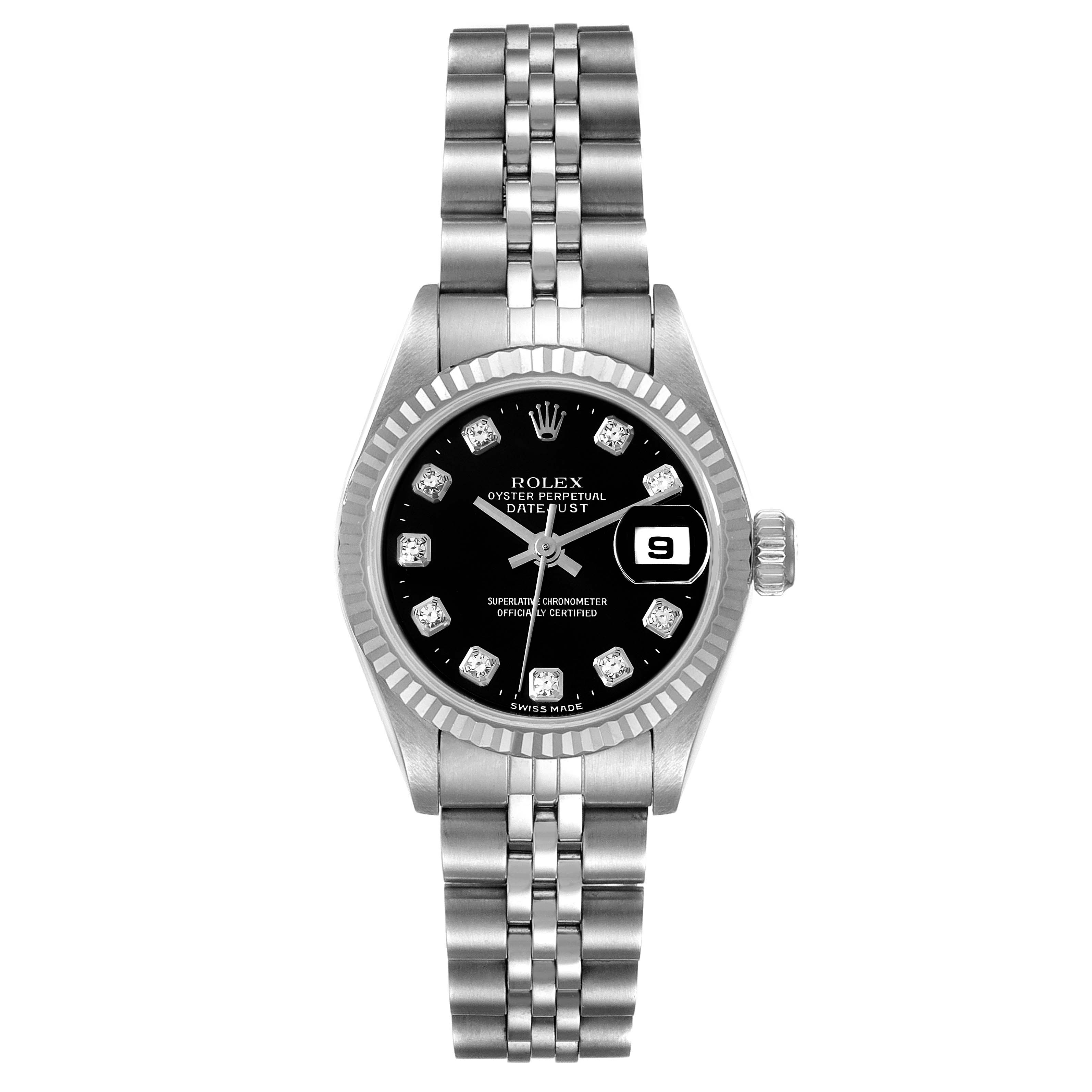 The image shows a frontal view of a Rolex Datejust 69174 Women's Stainless Steel Black Dial 69174 Women's Stainless Steel Black Dial watch displaying its dial, bezel, case, bracelet, and date window.