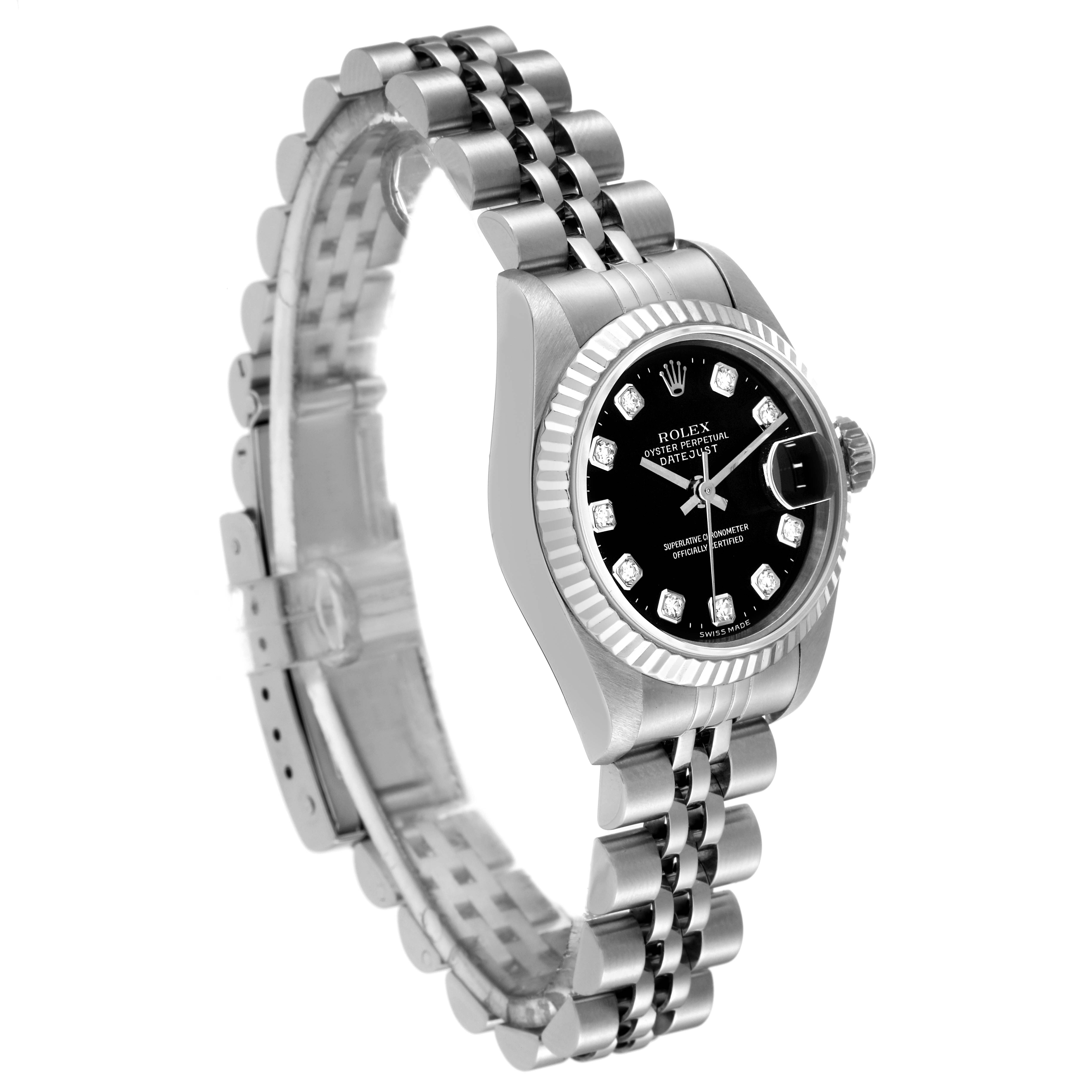 The Rolex Datejust 69174 Women's Stainless Steel Black Dial 69174 Women's Stainless Steel Black Dial model watch is shown from a side angle, highlighting the bracelet, bezel, dial, and partially open clasp.