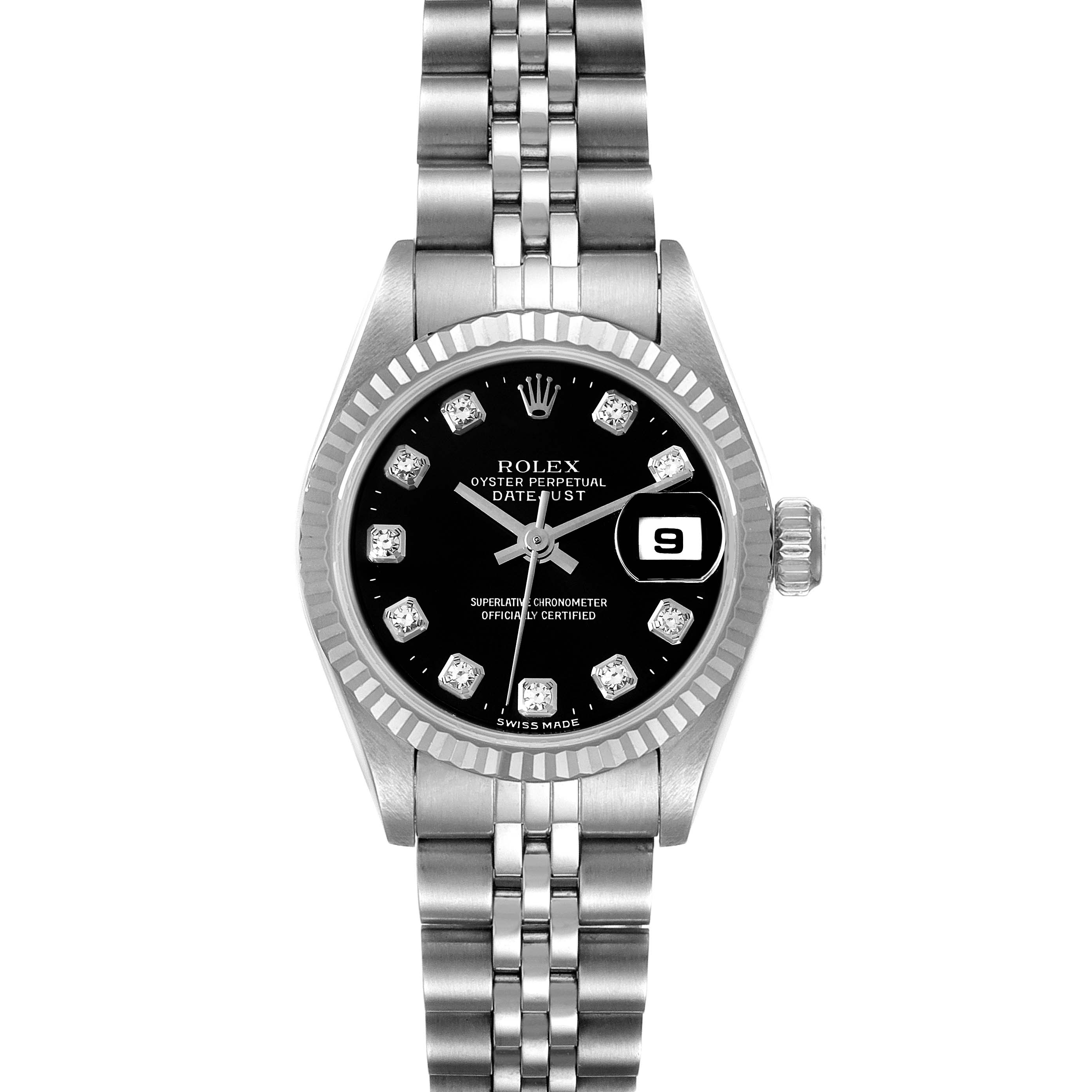 The image shows a Rolex Datejust 69174 Women's Stainless Steel Black Dial 69174 Women's Stainless Steel Black Dial watch with a black dial, diamond hour markers, and a stainless steel bracelet from a front angle.