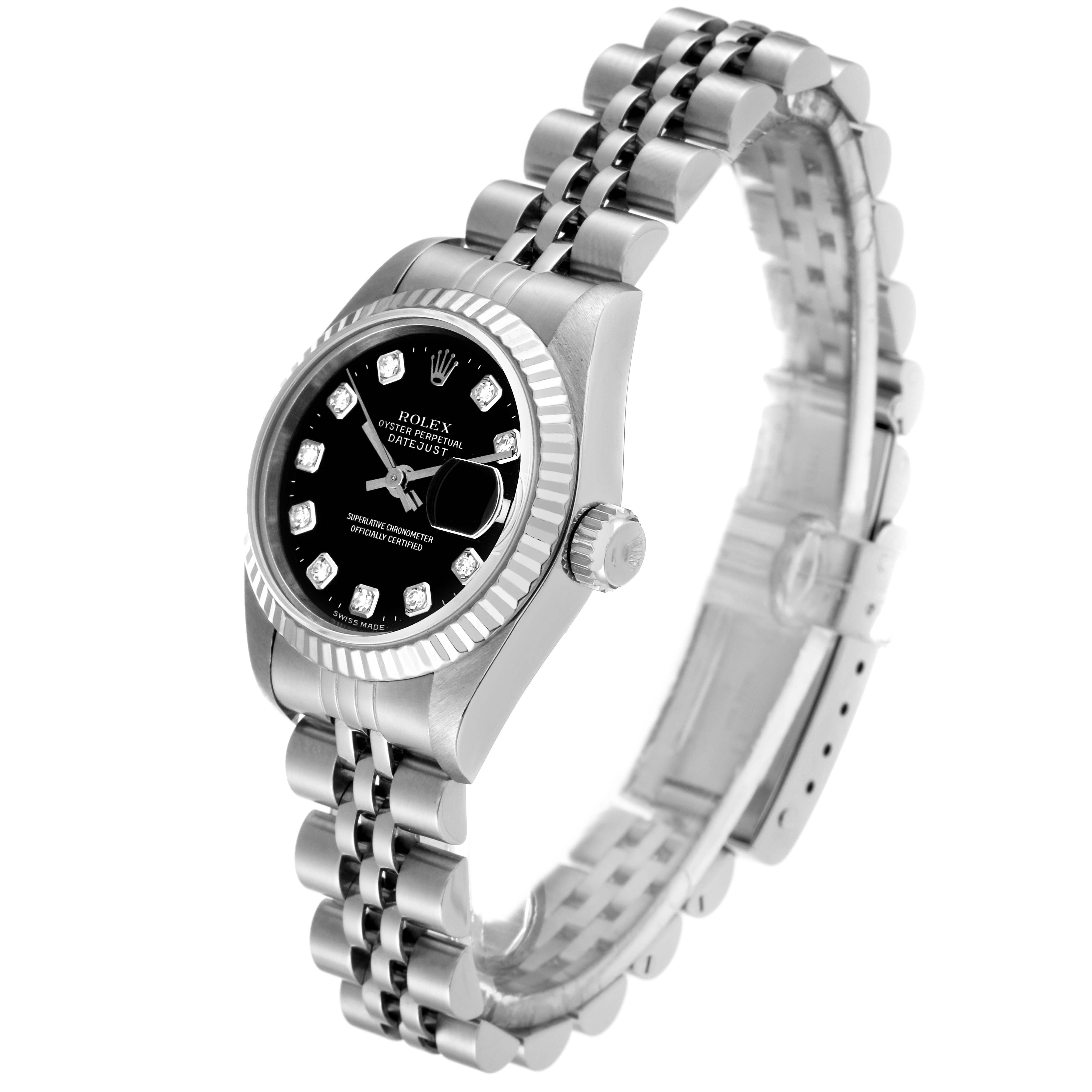 This image shows a Rolex Datejust 69174 Women's Stainless Steel Black Dial 69174 Women's Stainless Steel Black Dial watch from a three-quarter angle, highlighting the face, bezel, and bracelet.