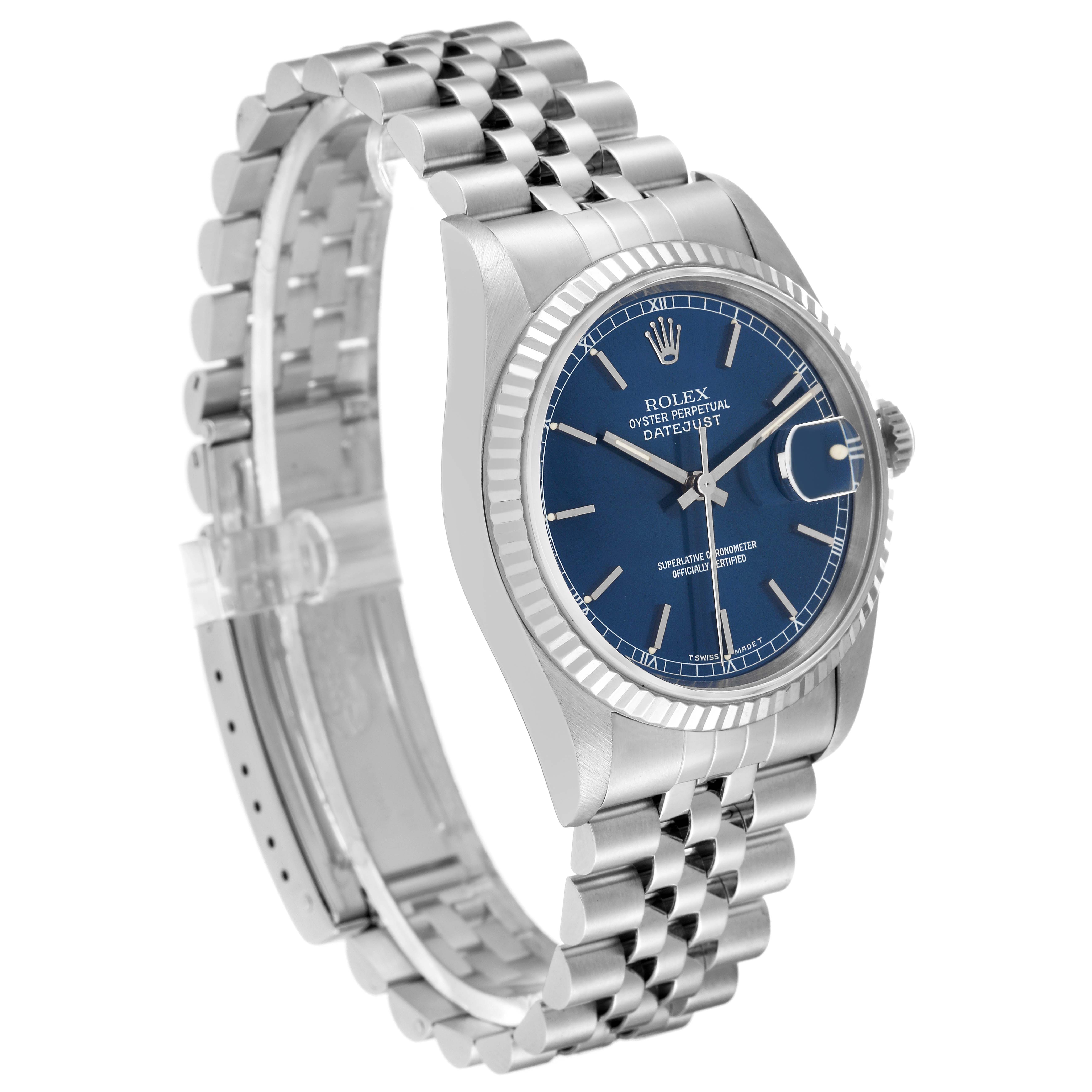 This image shows a Rolex Datejust 16234 Men's Stainless Steel Blue Dial 16234 Men's Stainless Steel Blue Dial watch at a three-quarter angle, revealing its face, bezel, and Jubilee bracelet.