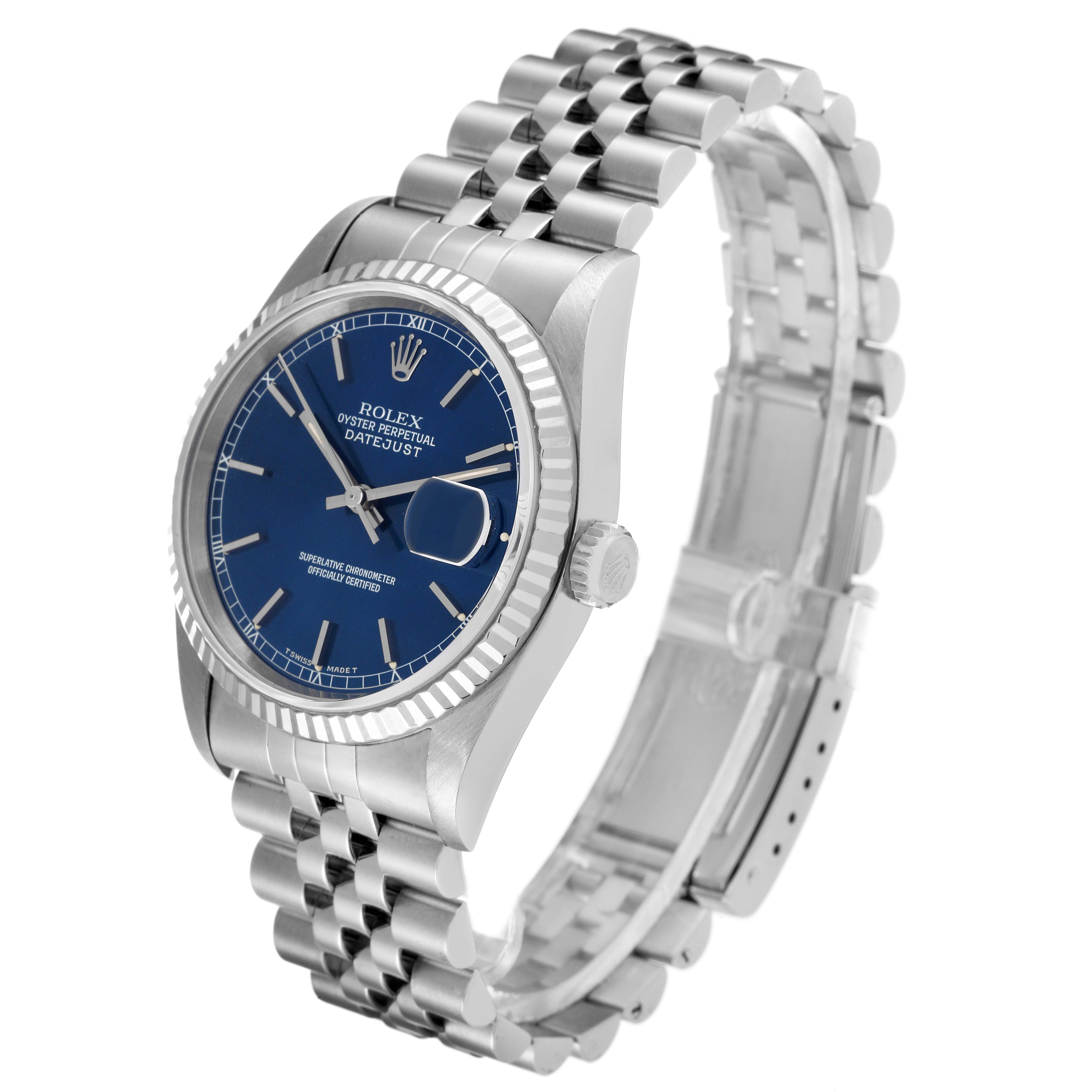The image shows a Rolex Datejust 16234 Men's Stainless Steel Blue Dial 16234 Men's Stainless Steel Blue Dial watch angled from the front-left, highlighting its blue dial, fluted bezel, and jubilee bracelet.