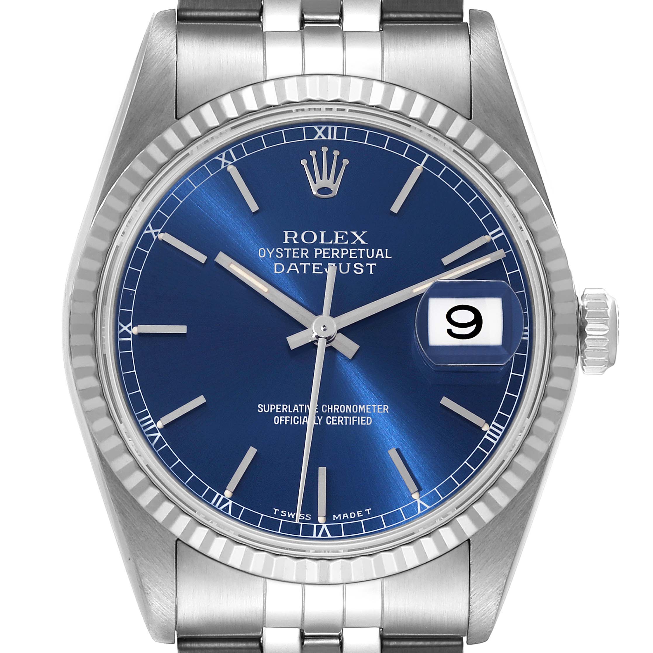 The image shows a frontal view of the Rolex Datejust 16234 Men's Stainless Steel Blue Dial 16234 Men's Stainless Steel Blue Dial watch, highlighting its blue dial, date window, fluted bezel, and bracelet.