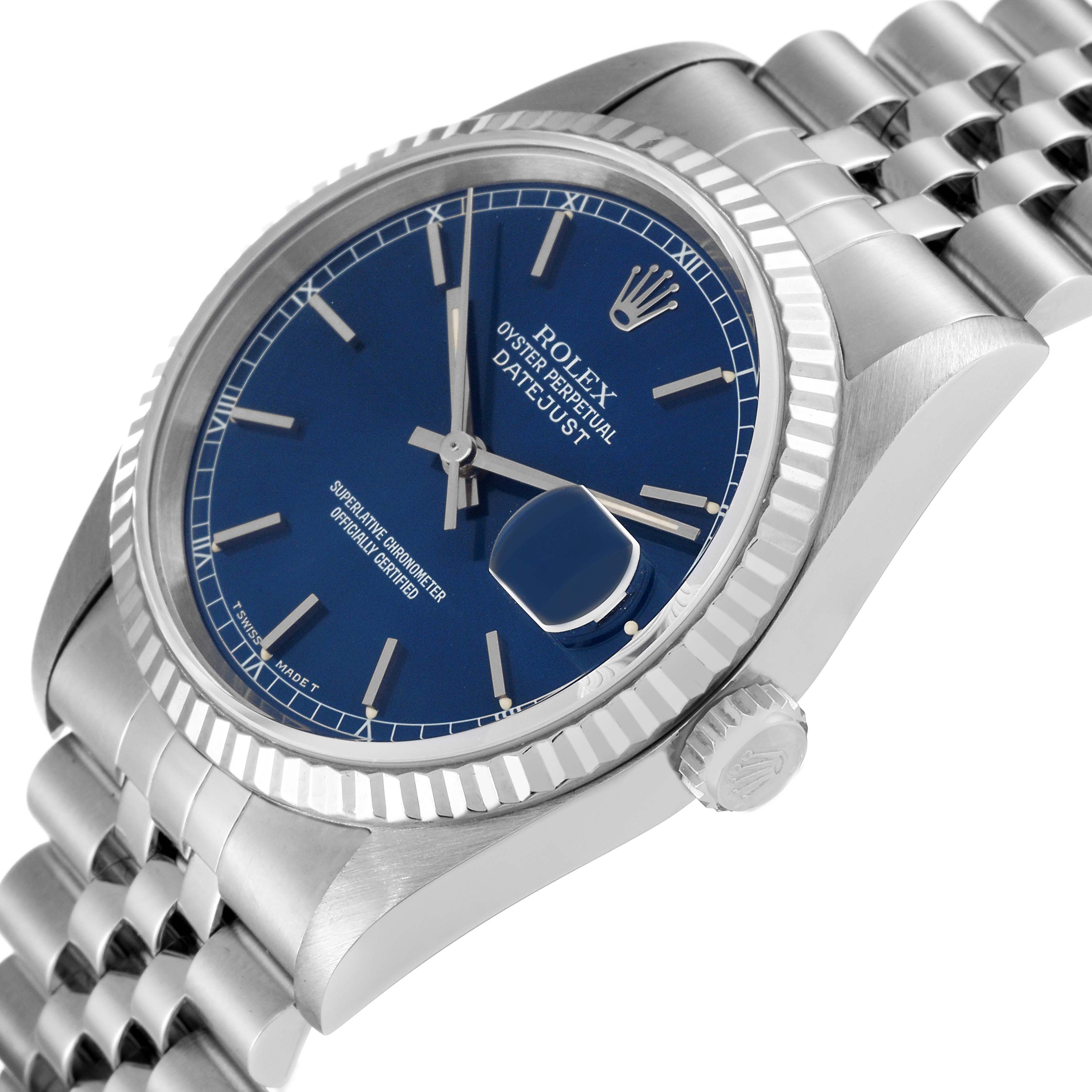 The Rolex Datejust 16234 Men's Stainless Steel Blue Dial 16234 Men's Stainless Steel Blue Dial watch is shown from an oblique angle, highlighting the face, crown, and part of the bracelet.