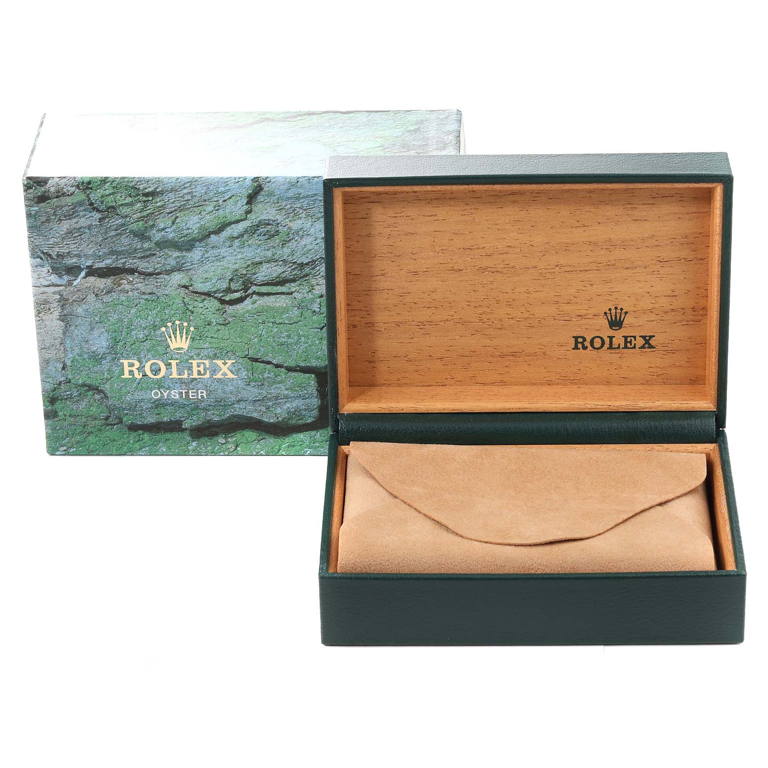 The image shows an open and empty Rolex Datejust 16234 Men's Stainless Steel Blue Dial 16234 Men's Stainless Steel Blue Dial watch box with a closed lid in the background.