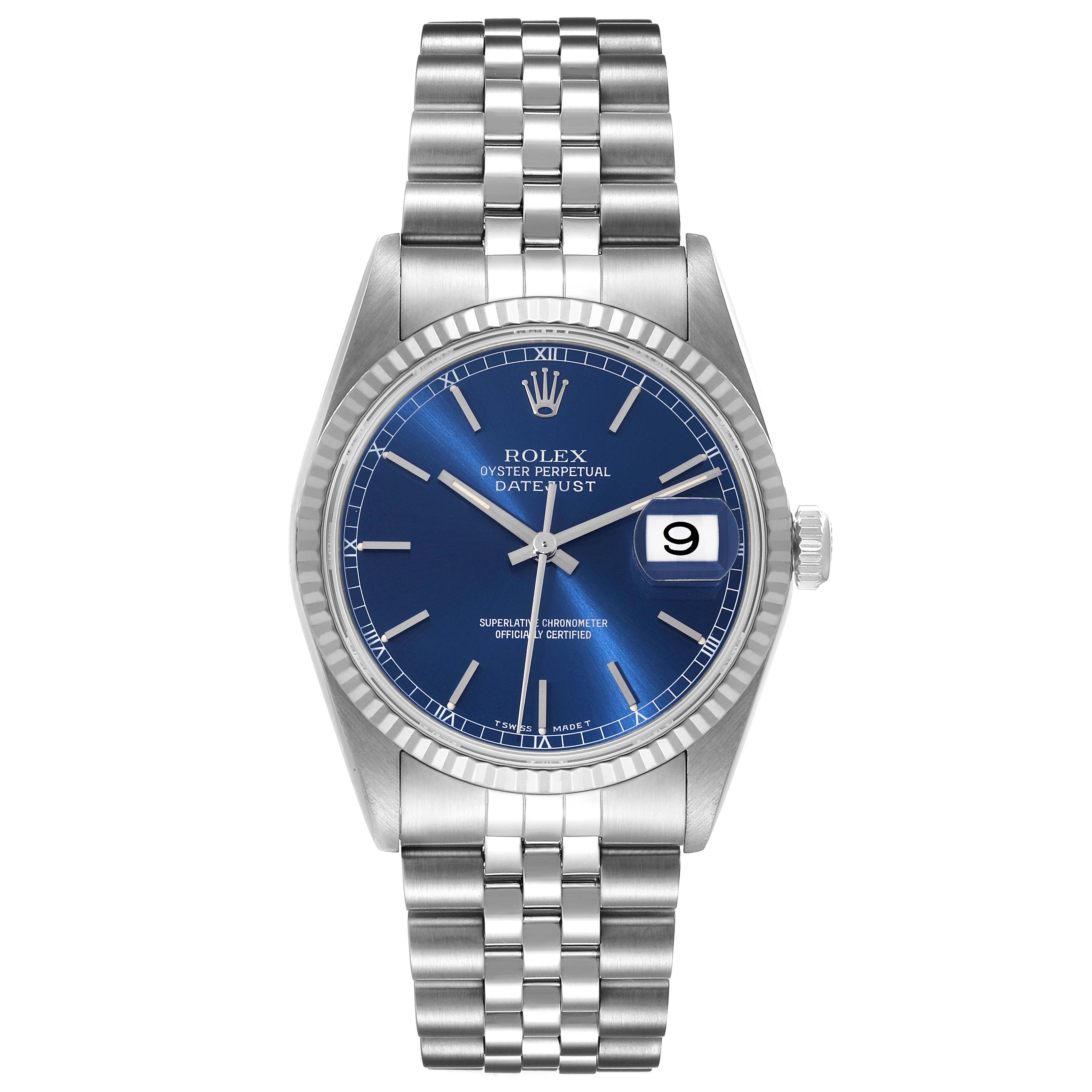 This image shows a front view of a Rolex Datejust 16234 Men's Stainless Steel Blue Dial 16234 Men's Stainless Steel Blue Dial watch with a blue dial and a Jubilee bracelet.
