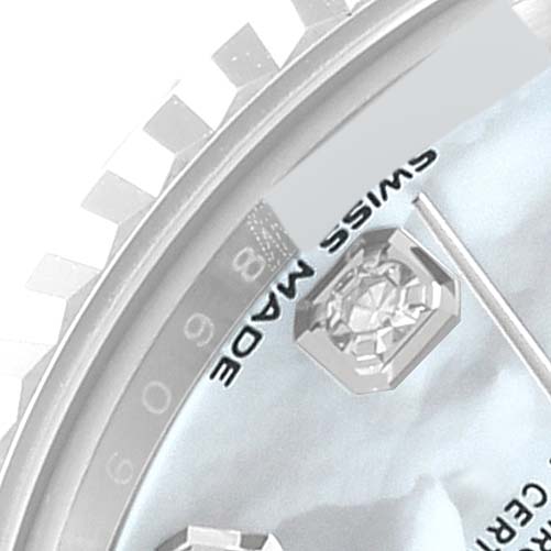 The image shows a close-up of the dial and bezel of a Rolex Datejust 279174 Women
s Stainless Steel Mother of Pearl Dial 279174 Women
s Stainless Steel Mother of Pearl Dial watch, highlighting the "Swiss Made" text and a diamond hour marker.