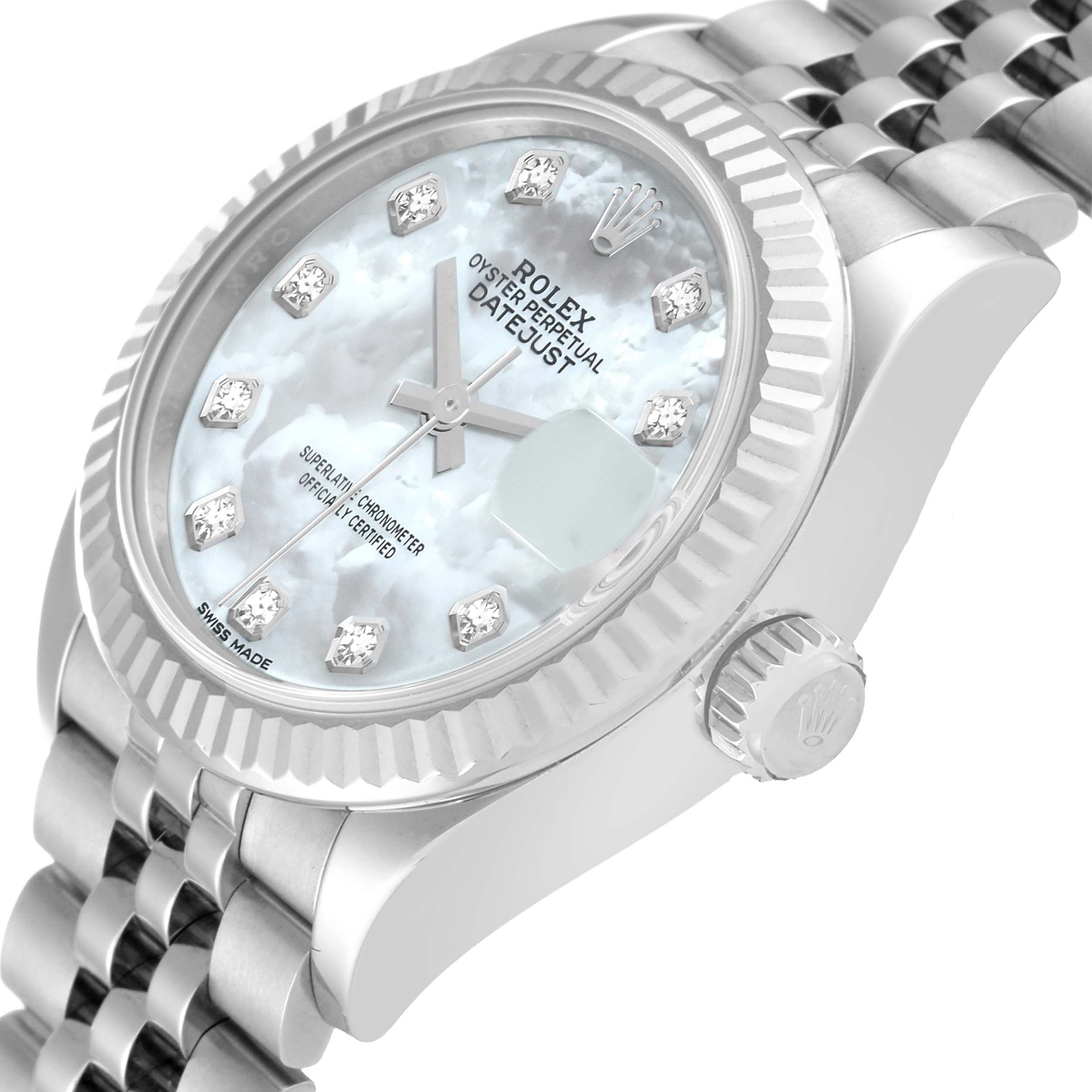 The Rolex Datejust 279174 Women
s Stainless Steel Mother of Pearl Dial 279174 Women
s Stainless Steel Mother of Pearl Dial watch is shown from an angled side view, featuring the dial, bezel, crown, and part of the bracelet.