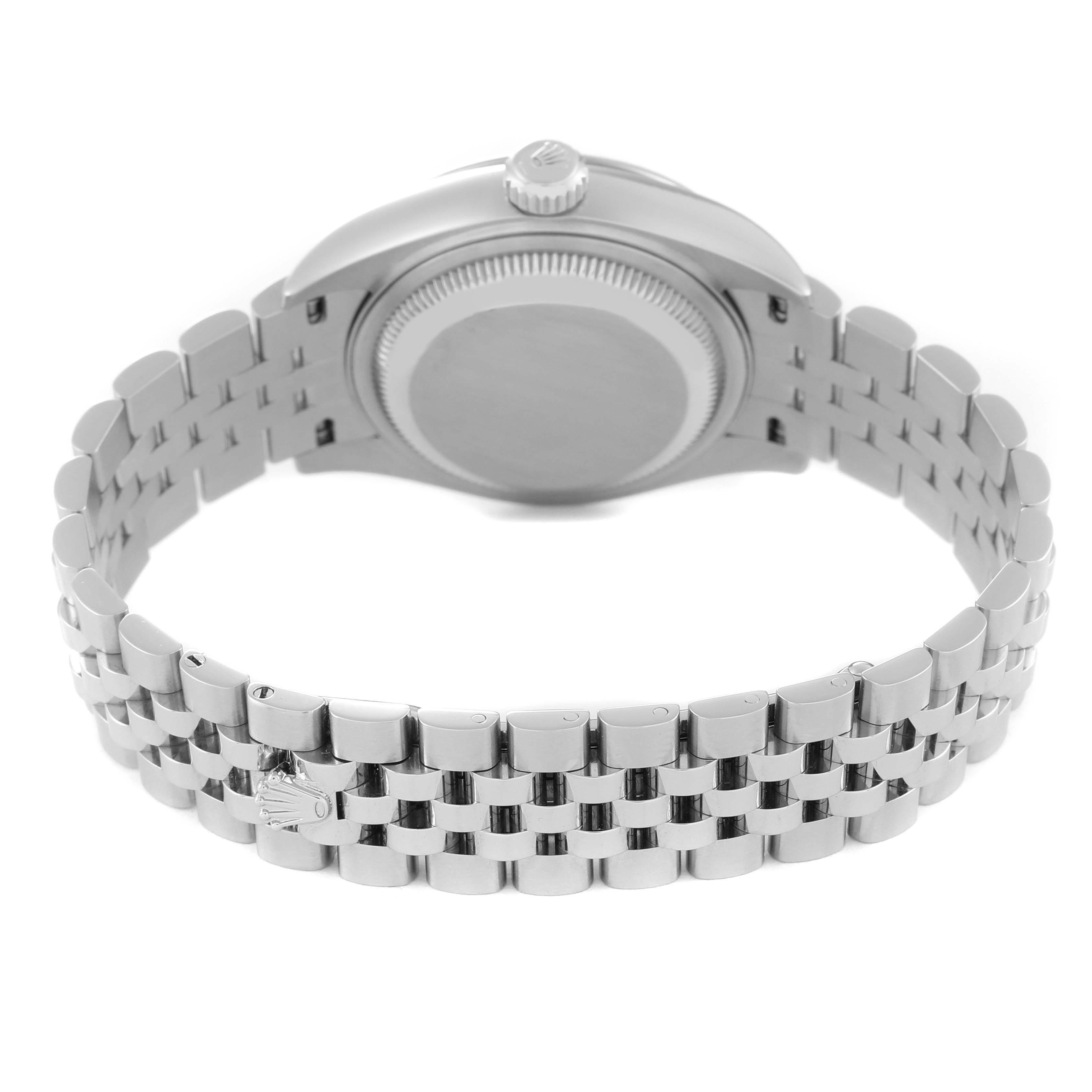 The image shows the back view of a Rolex Datejust 279174 Women
s Stainless Steel Mother of Pearl Dial 279174 Women
s Stainless Steel Mother of Pearl Dial model, highlighting the case back and Jubilee bracelet.