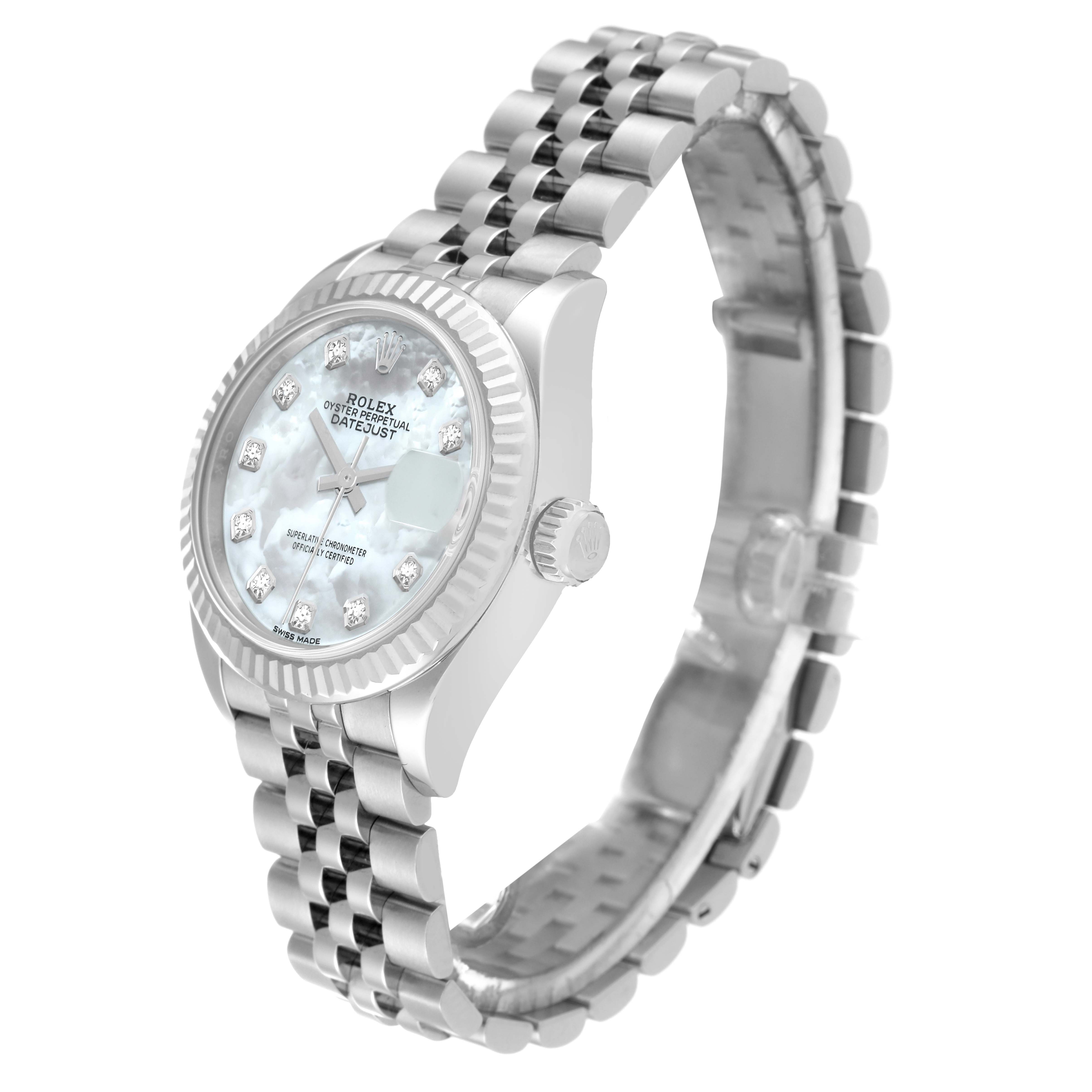 This image shows a Rolex Datejust 279174 Women
s Stainless Steel Mother of Pearl Dial 279174 Women
s Stainless Steel Mother of Pearl Dial watch at a three-quarter angle, highlighting the face, bezel, crown, and bracelet.