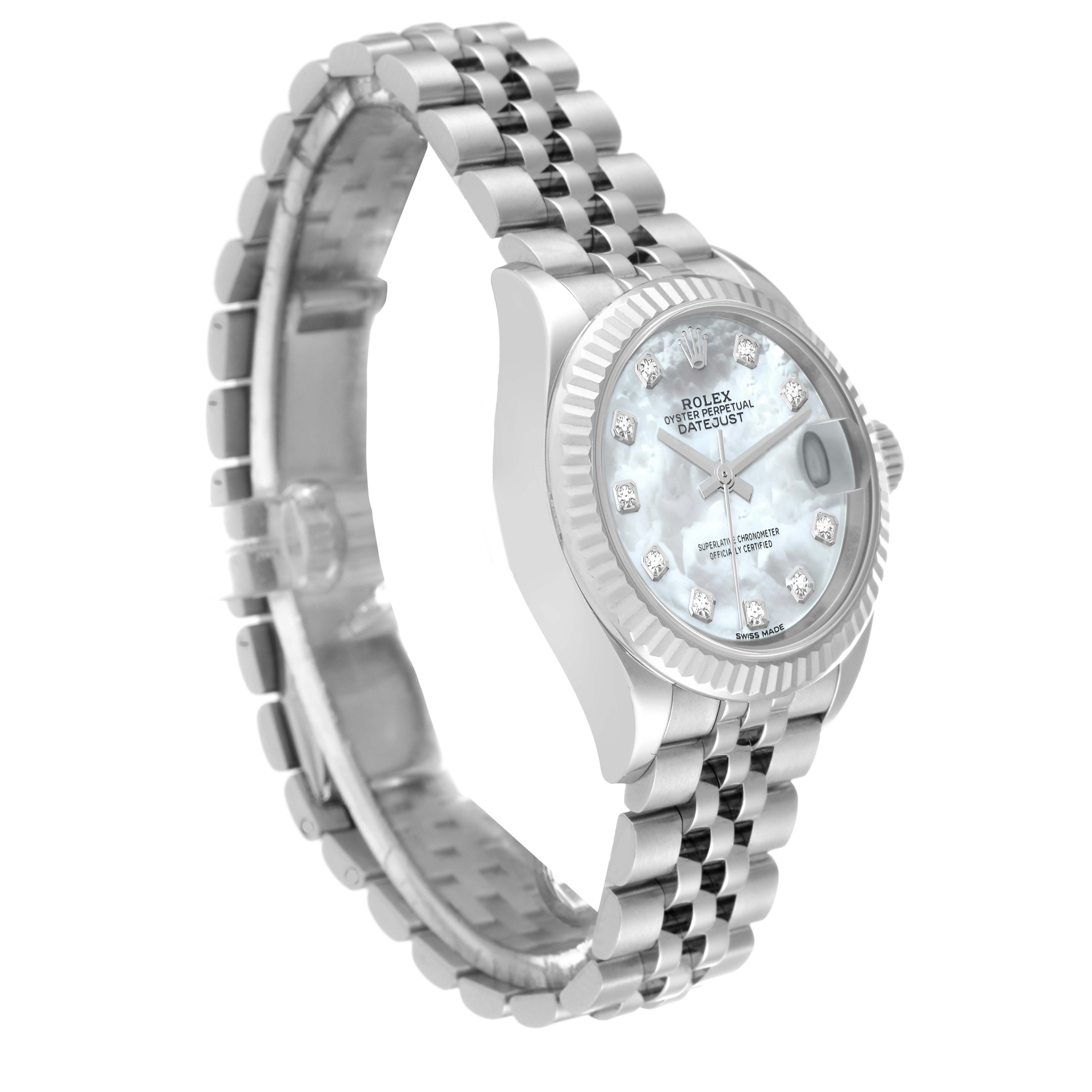 This image showcases a Rolex Datejust 279174 Women
s Stainless Steel Mother of Pearl Dial 279174 Women
s Stainless Steel Mother of Pearl Dial watch from a three-quarter angle, clearly displaying its face and bracelet.