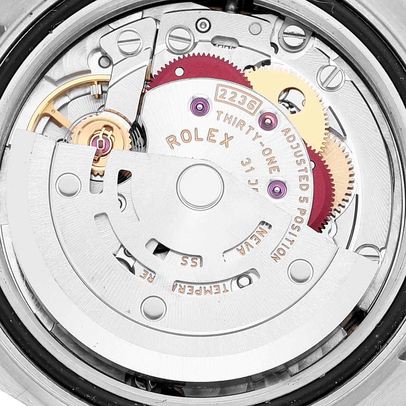 This is a close-up view of the internal mechanism of a Rolex Datejust 279174 Women
s Stainless Steel Mother of Pearl Dial 279174 Women
s Stainless Steel Mother of Pearl Dial watch, showcasing its intricate gears and components.