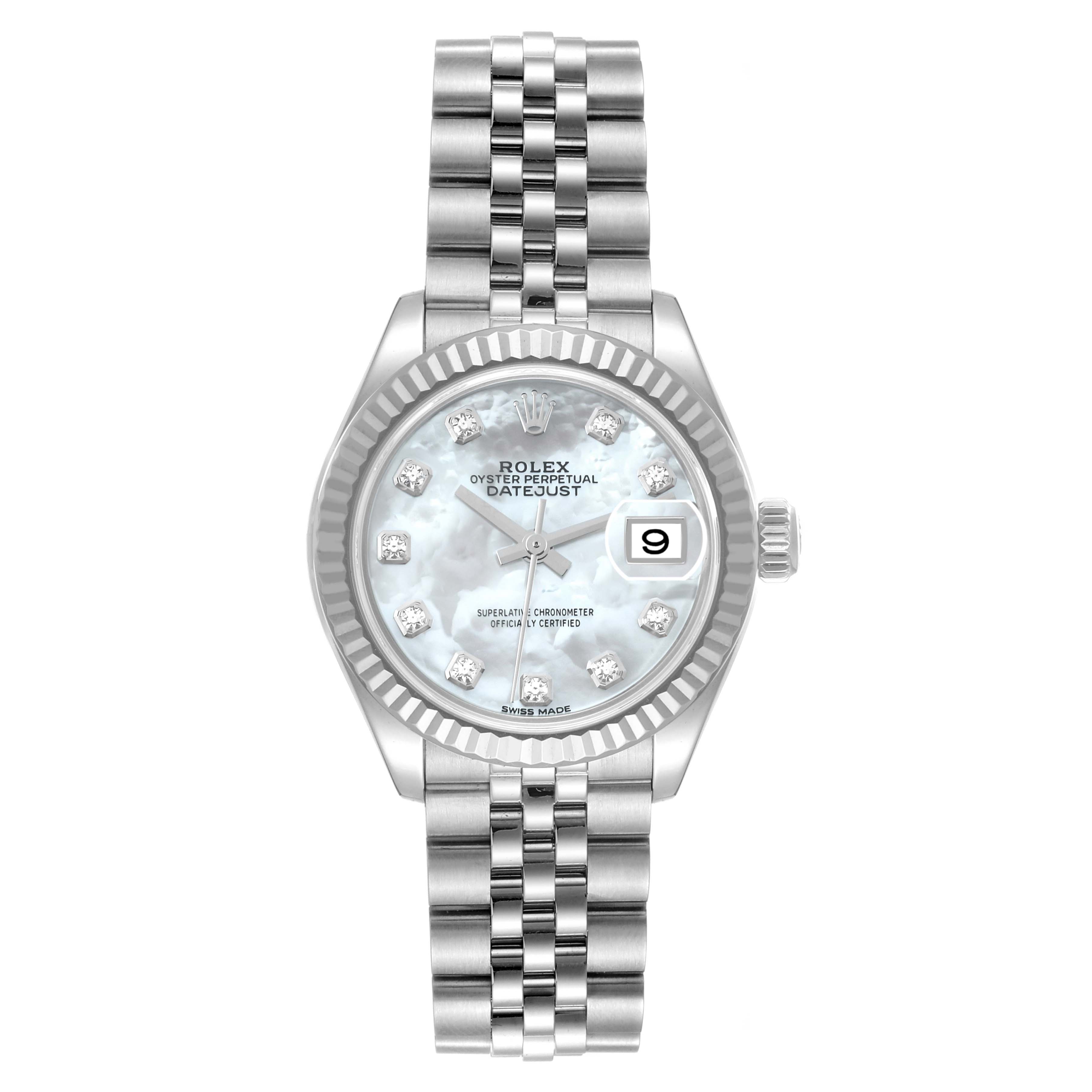 This image shows the full front view of a Rolex Datejust 279174 Women
s Stainless Steel Mother of Pearl Dial 279174 Women
s Stainless Steel Mother of Pearl Dial watch, highlighting its dial, bracelet, and date display.