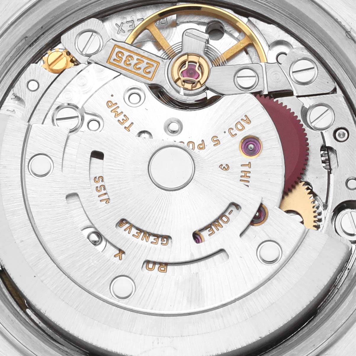 The image shows a close-up, detailed view of the movement mechanism parts inside a Rolex Datejust 79174 Women's Steel and Gold (two tone) Mother of Pearl Dial 79174 Women's Steel and Gold (two tone) Mother of Pearl Dial watch.