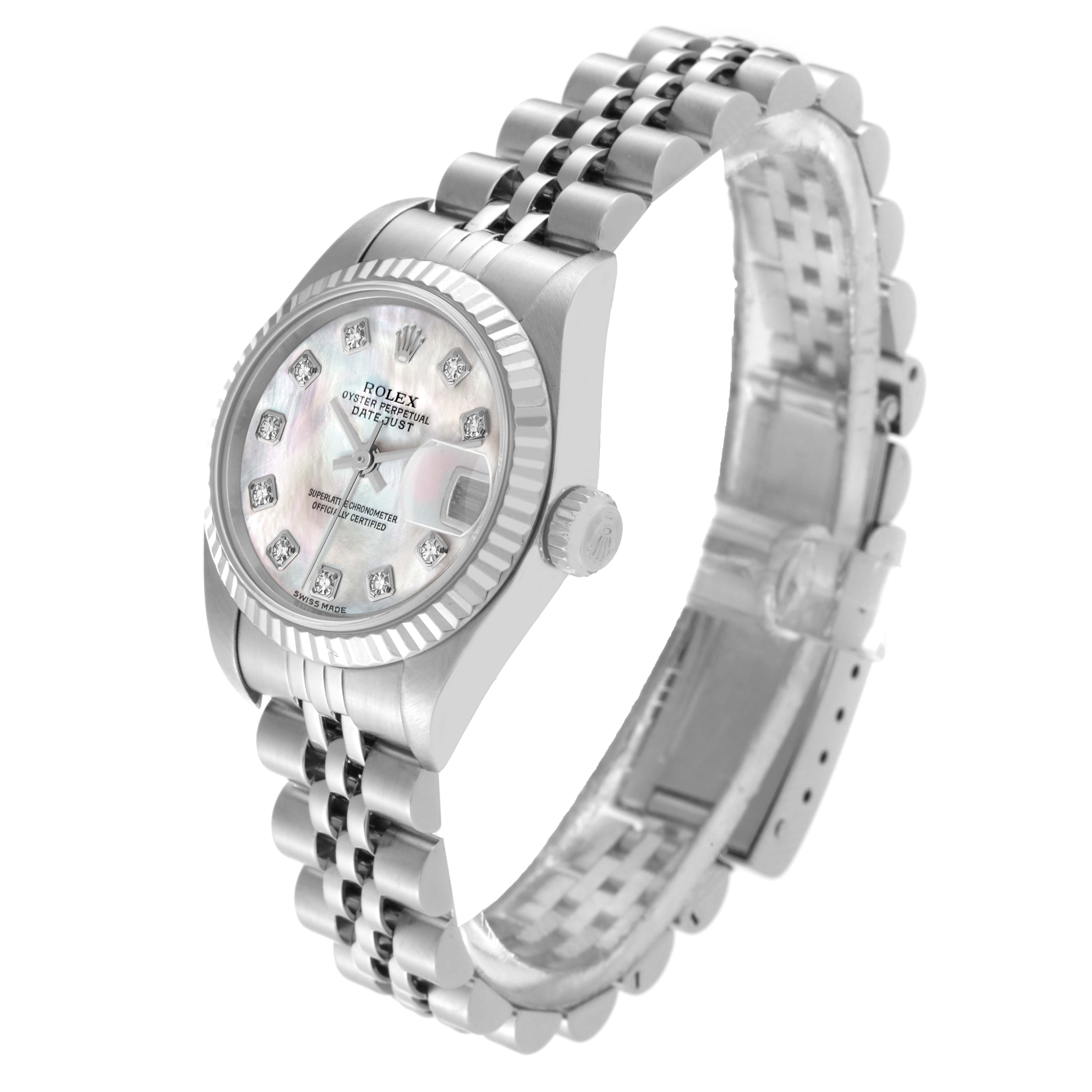 This image shows a Rolex Datejust 79174 Women's Steel and Gold (two tone) Mother of Pearl Dial 79174 Women's Steel and Gold (two tone) Mother of Pearl Dial watch at an angled side view, highlighting its face, bezel, crown, and jubilee bracelet.