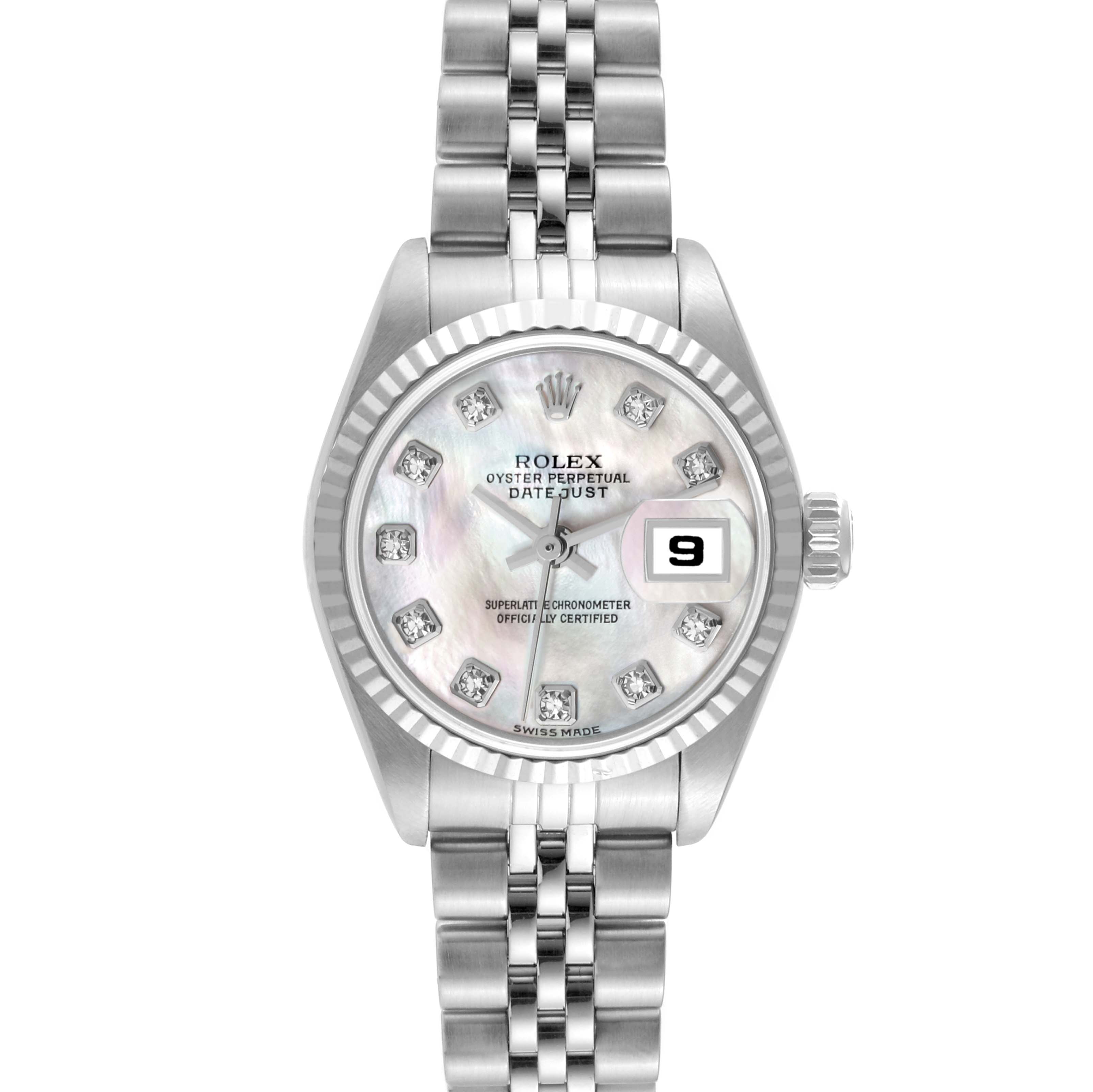 The image shows a front view of a Rolex Datejust 79174 Women's Steel and Gold (two tone) Mother of Pearl Dial 79174 Women's Steel and Gold (two tone) Mother of Pearl Dial watch, highlighting its dial, date window, bezel, and bracelet.