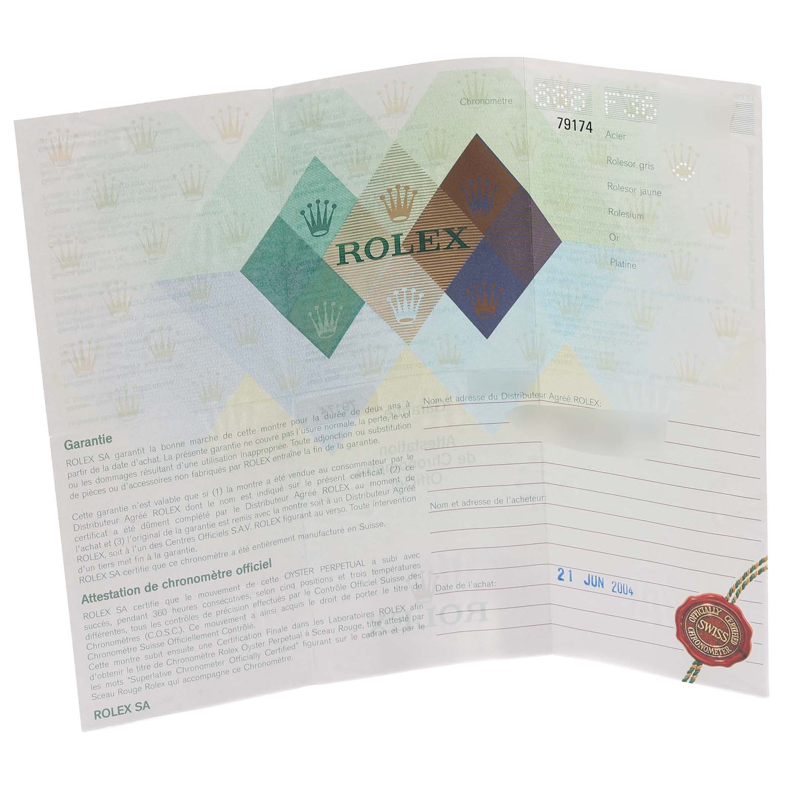 This image shows warranty paperwork for the Rolex Datejust 79174 Women's Steel and Gold (two tone) Mother of Pearl Dial 79174 Women's Steel and Gold (two tone) Mother of Pearl Dial model, featuring the Rolex logo and purchase details.