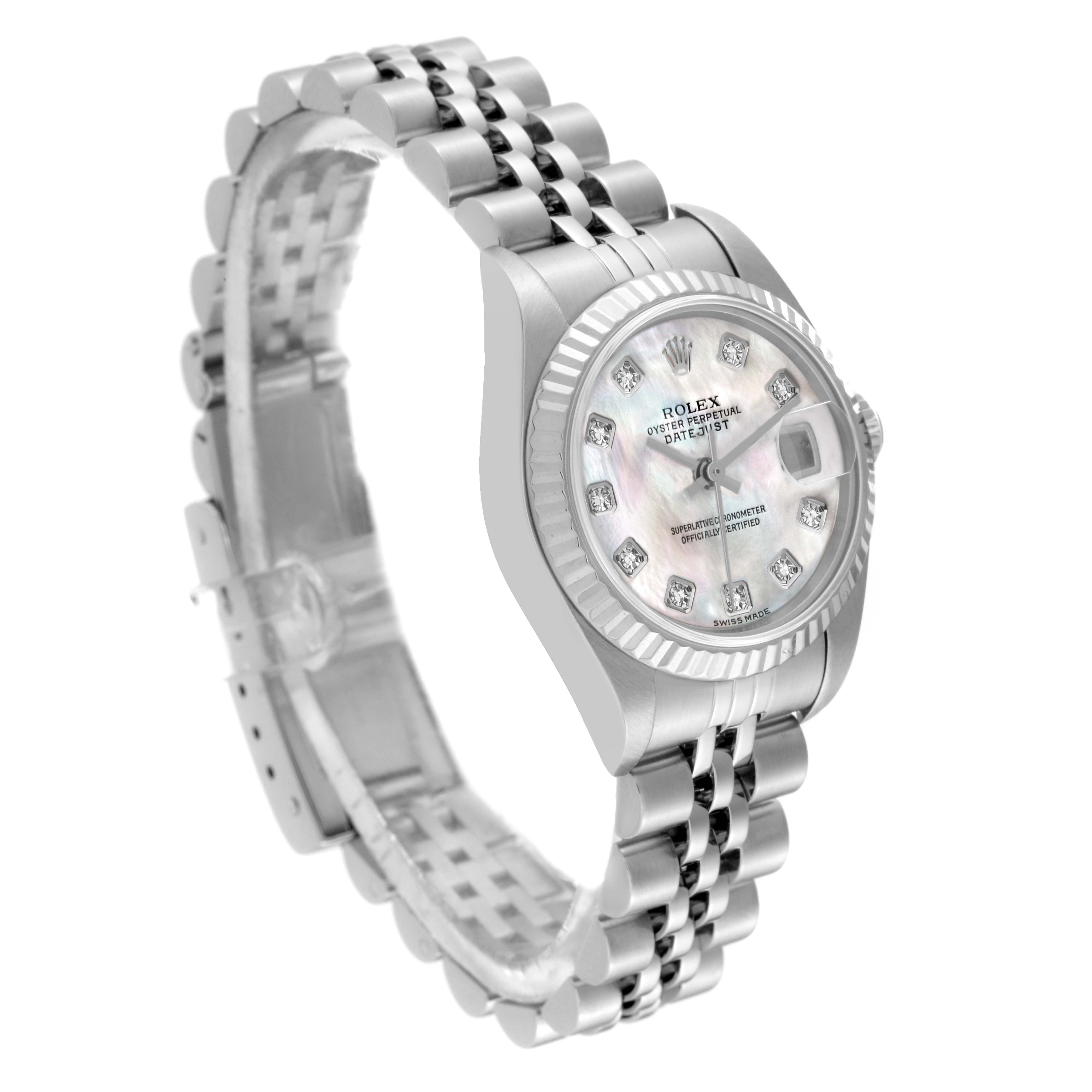 The image shows a Rolex Datejust 79174 Women's Steel and Gold (two tone) Mother of Pearl Dial 79174 Women's Steel and Gold (two tone) Mother of Pearl Dial watch at a slight angle, highlighting the face, bezel, and bracelet.