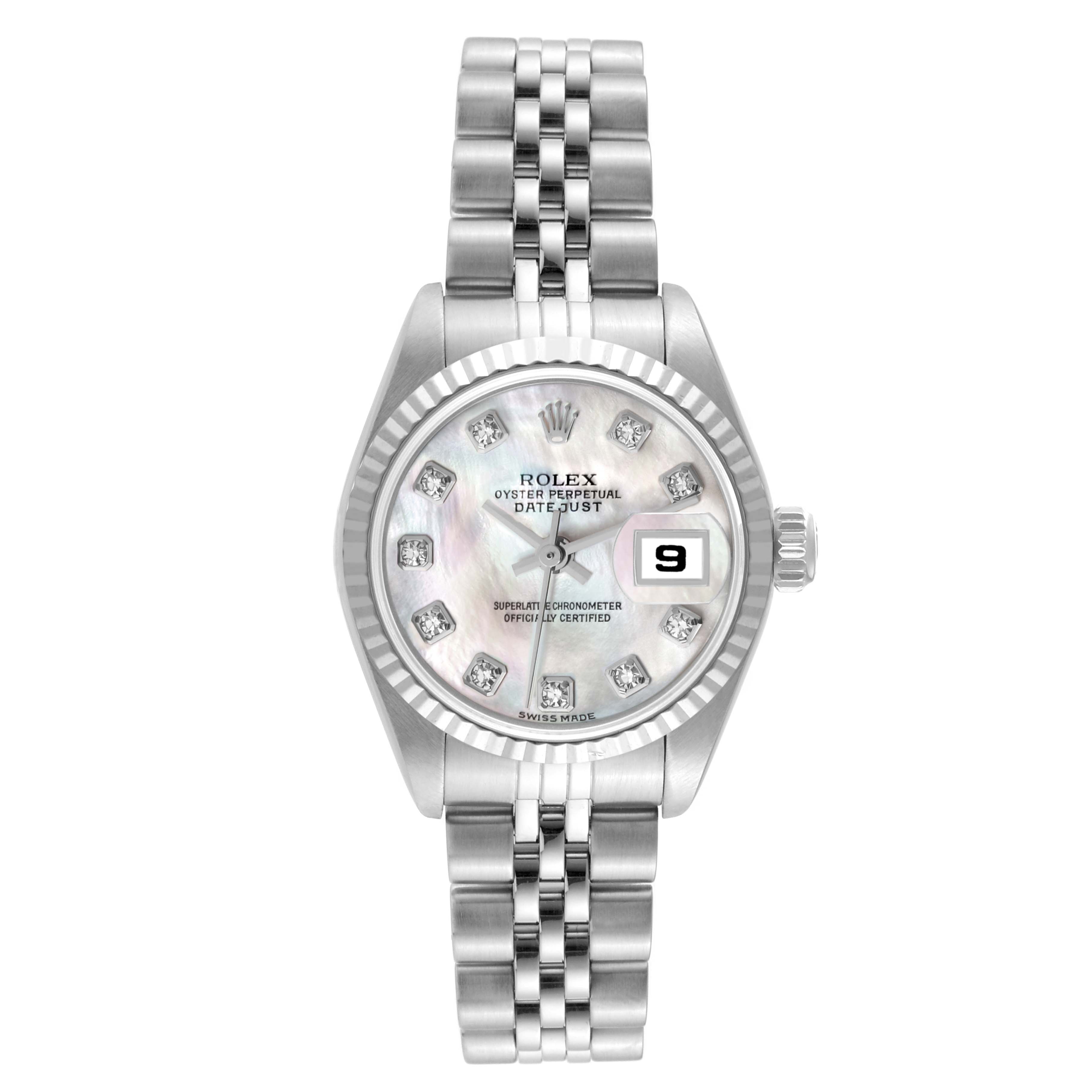 This image shows a front-facing view of a Rolex Datejust 79174 Women's Steel and Gold (two tone) Mother of Pearl Dial 79174 Women's Steel and Gold (two tone) Mother of Pearl Dial watch, including its dial, bezel, crown, and bracelet.