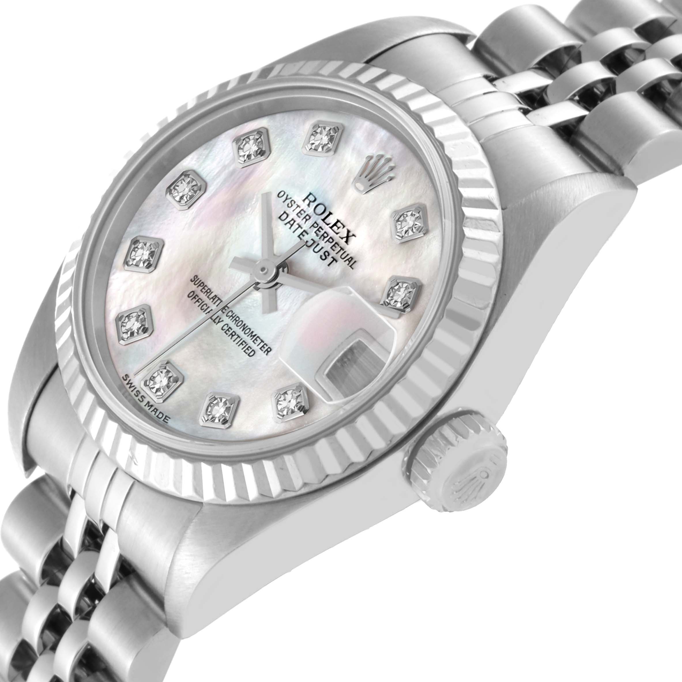 The image shows the Rolex Datejust 79174 Women's Steel and Gold (two tone) Mother of Pearl Dial 79174 Women's Steel and Gold (two tone) Mother of Pearl Dial watch from a slightly angled side view, highlighting the dial, bezel, crown, and part of the bracelet.