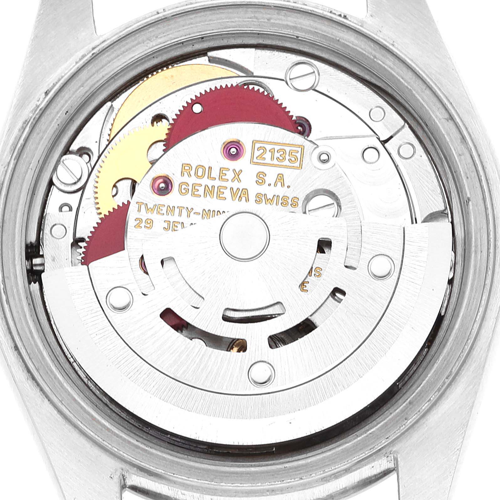 The image shows the movement mechanism of a Rolex Datejust 69174 Women's Stainless Steel Pink Dial 69174 Women's Stainless Steel Pink Dial watch, viewed from the back.