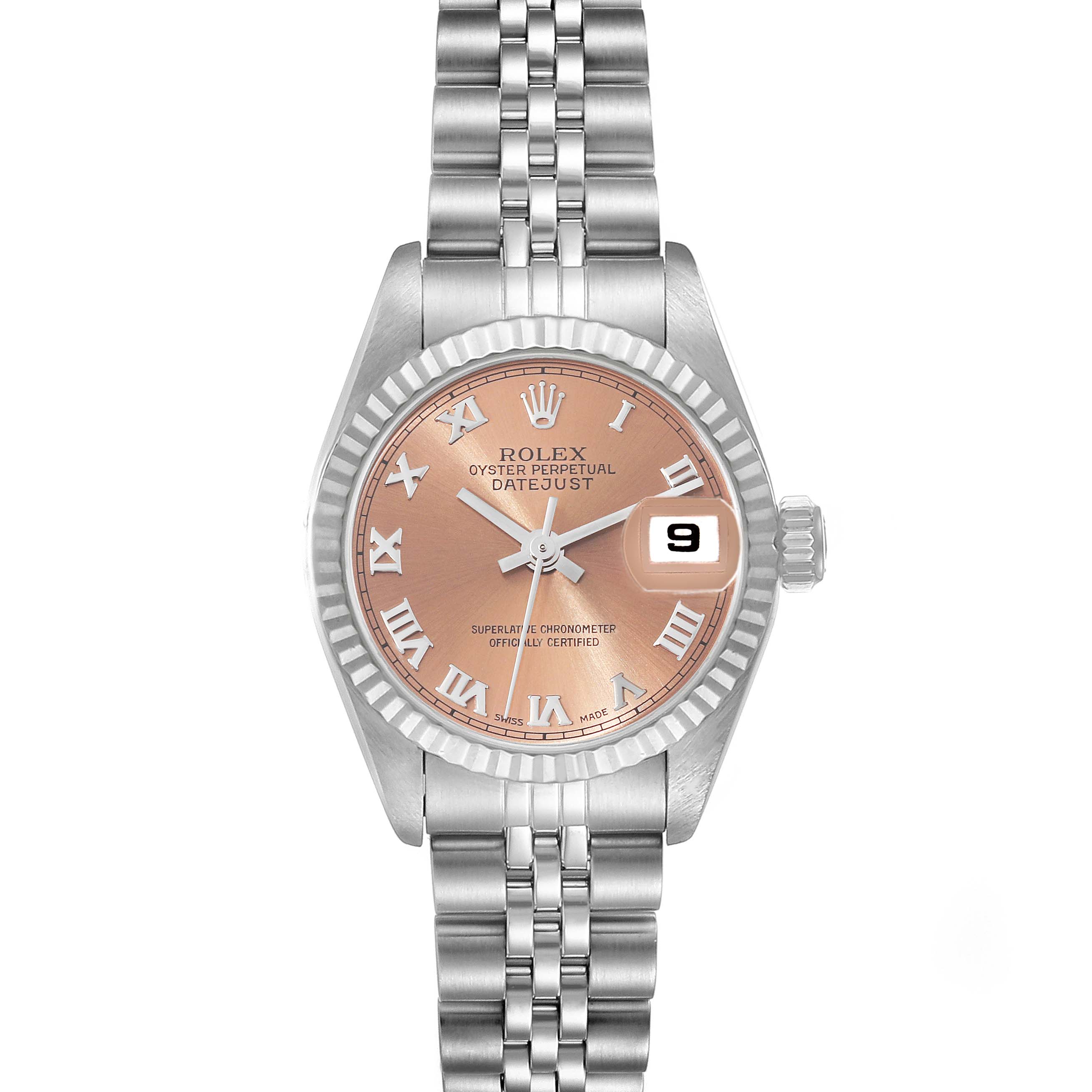 The image shows the Rolex Datejust 69174 Women's Stainless Steel Pink Dial 69174 Women's Stainless Steel Pink Dial watch from a frontal angle, highlighting its dial, bezel, case, and bracelet.