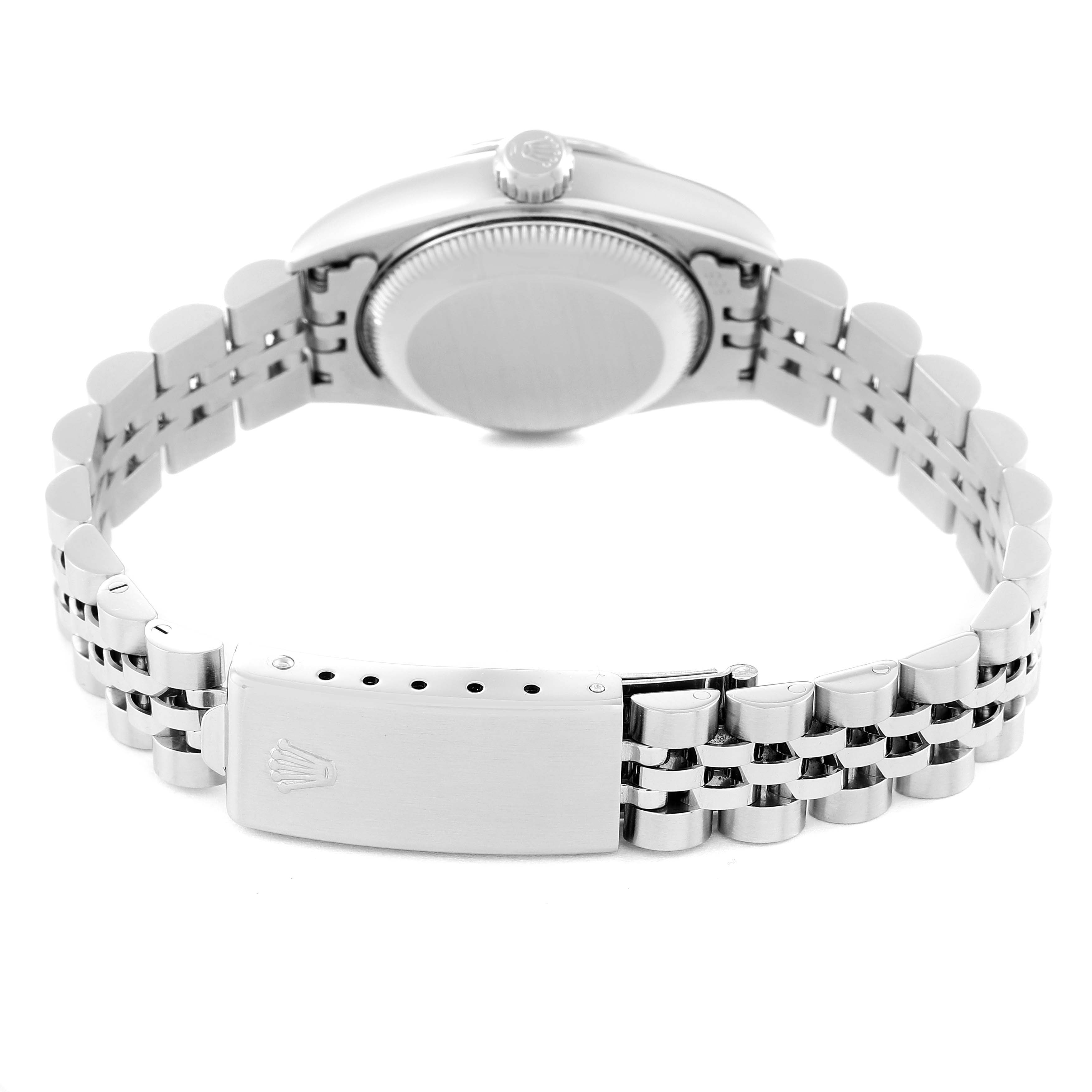 The image shows the back view of a Rolex Datejust 69174 Women's Stainless Steel Pink Dial 69174 Women's Stainless Steel Pink Dial watch, highlighting the case back and bracelet with clasp.