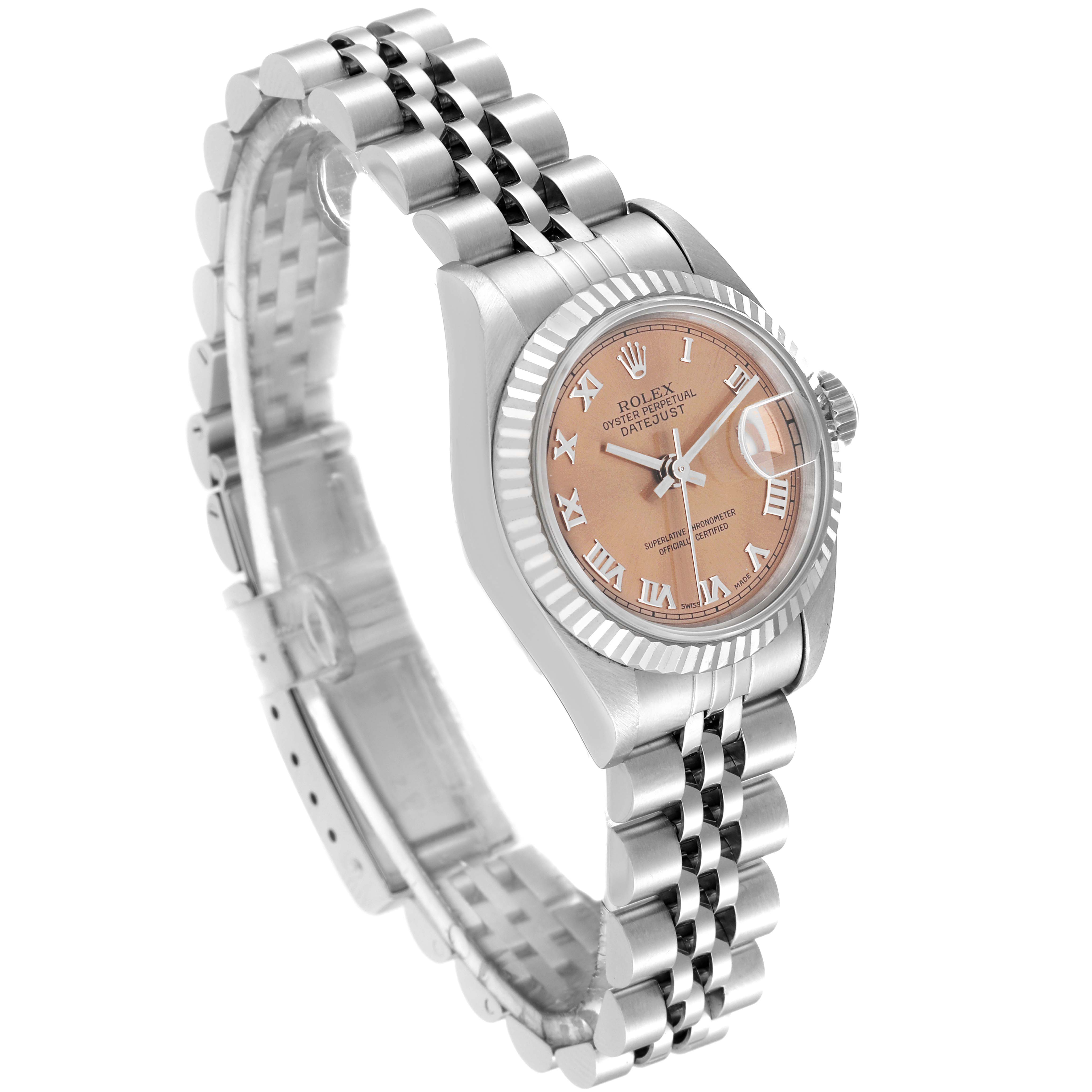 This image shows a Rolex Datejust 69174 Women's Stainless Steel Pink Dial 69174 Women's Stainless Steel Pink Dial watch angled to display its face, bezel, crown, and part of the bracelet.