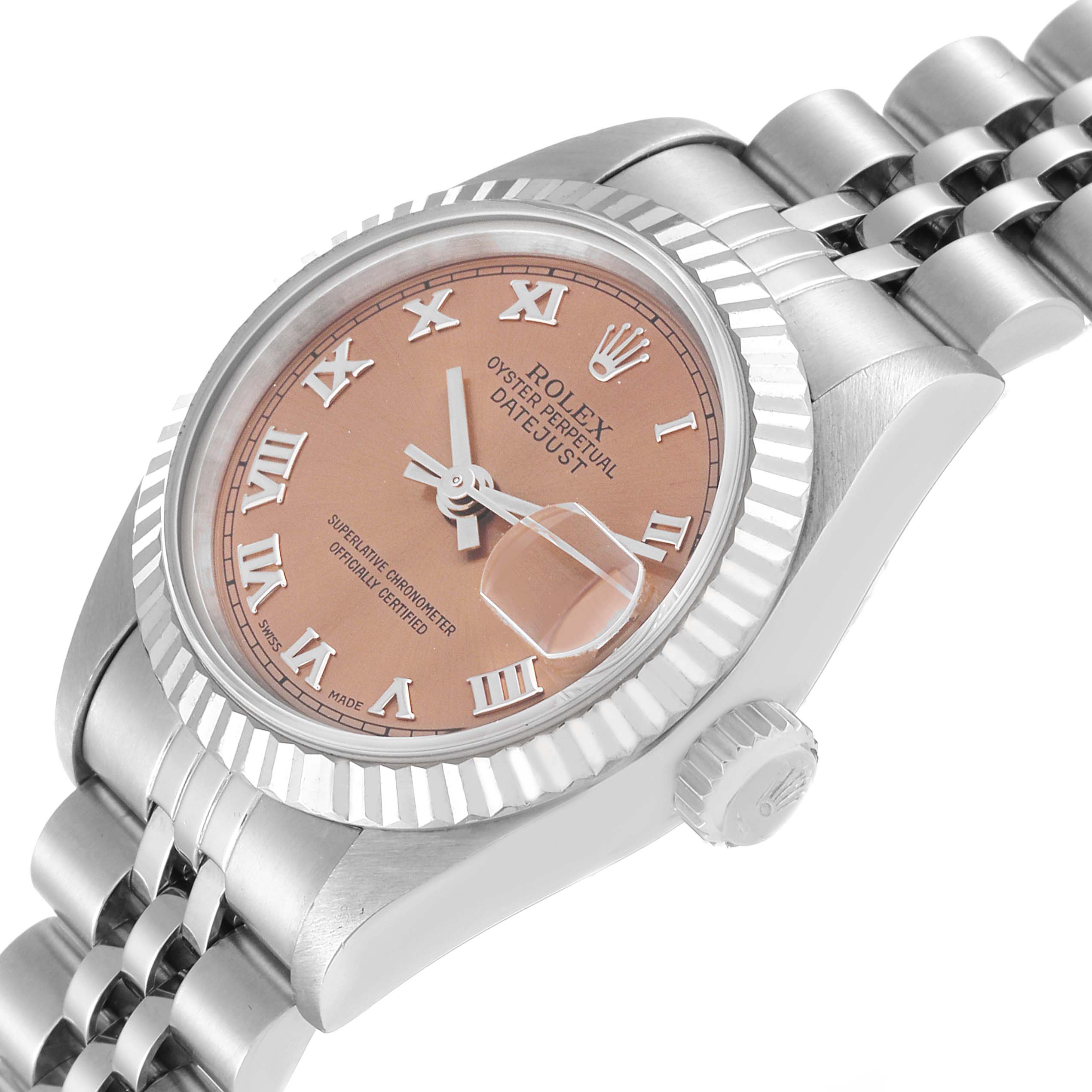 The image shows a close-up, side view of a Rolex Datejust 69174 Women's Stainless Steel Pink Dial 69174 Women's Stainless Steel Pink Dial watch, highlighting the case, dial, crown, fluted bezel, and part of the bracelet.