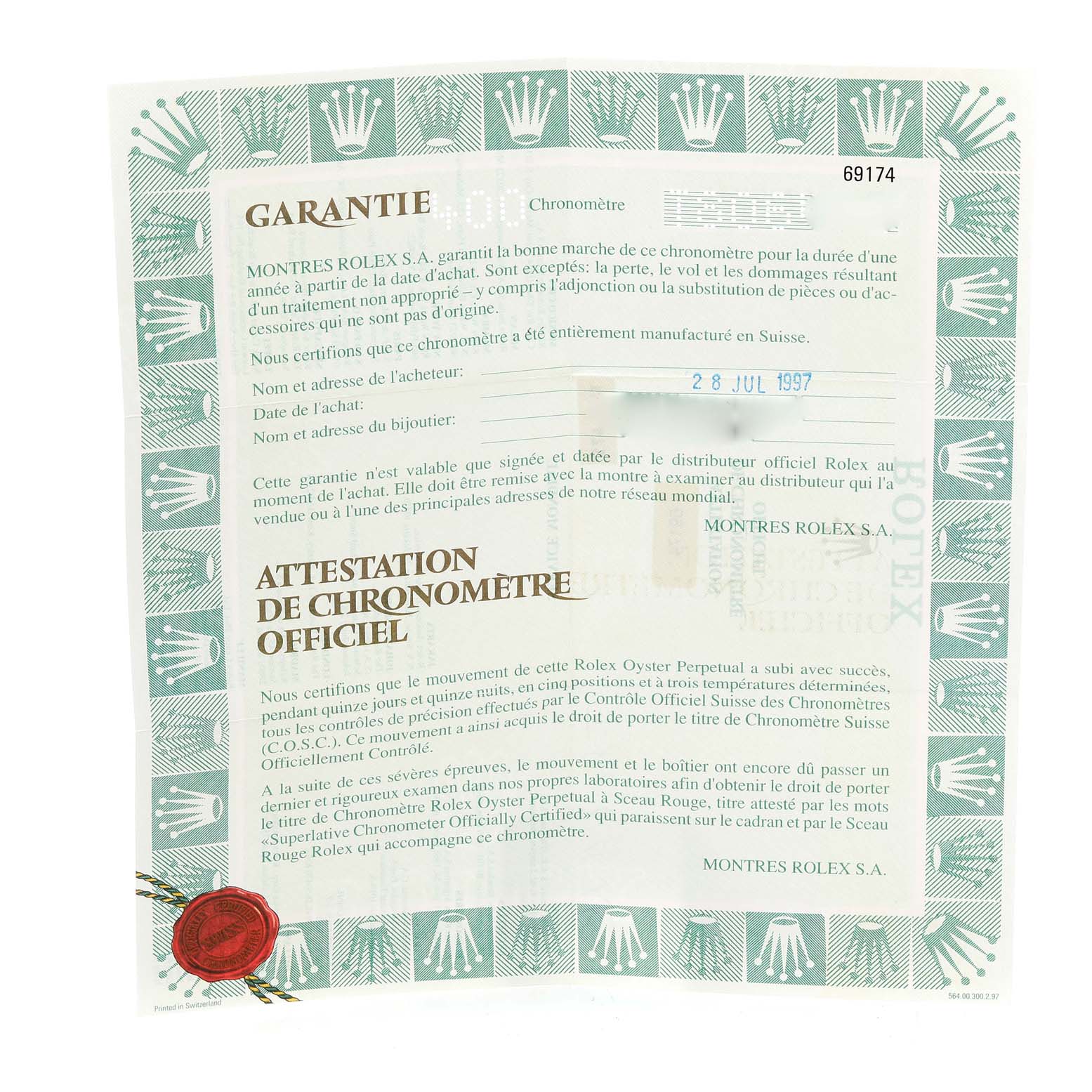 The image shows the official warranty certificate for a Rolex Datejust 69174 Women's Stainless Steel Pink Dial 69174 Women's Stainless Steel Pink Dial watch.